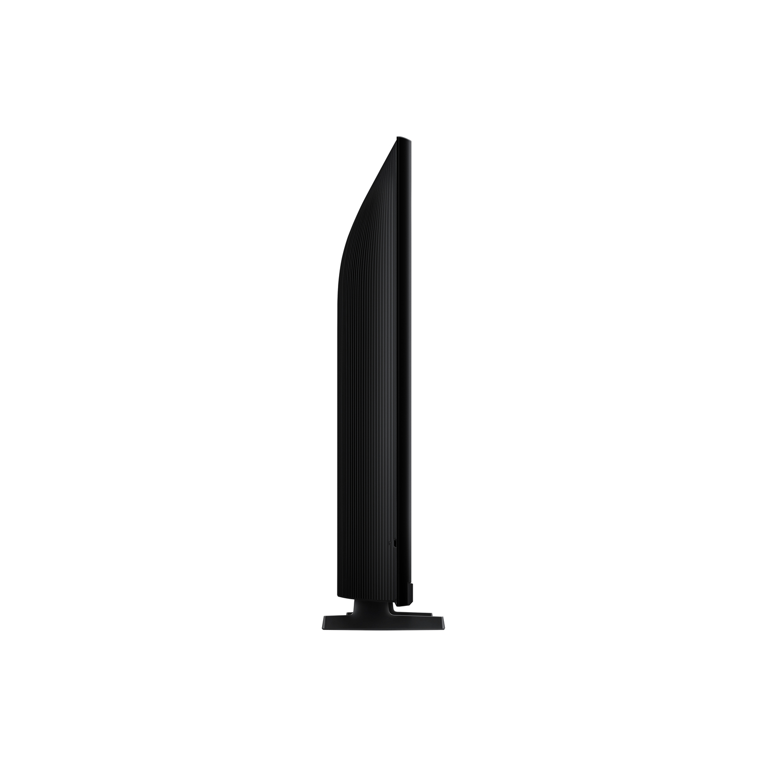Side view of a black TV. Shows a slim profile with a stand.