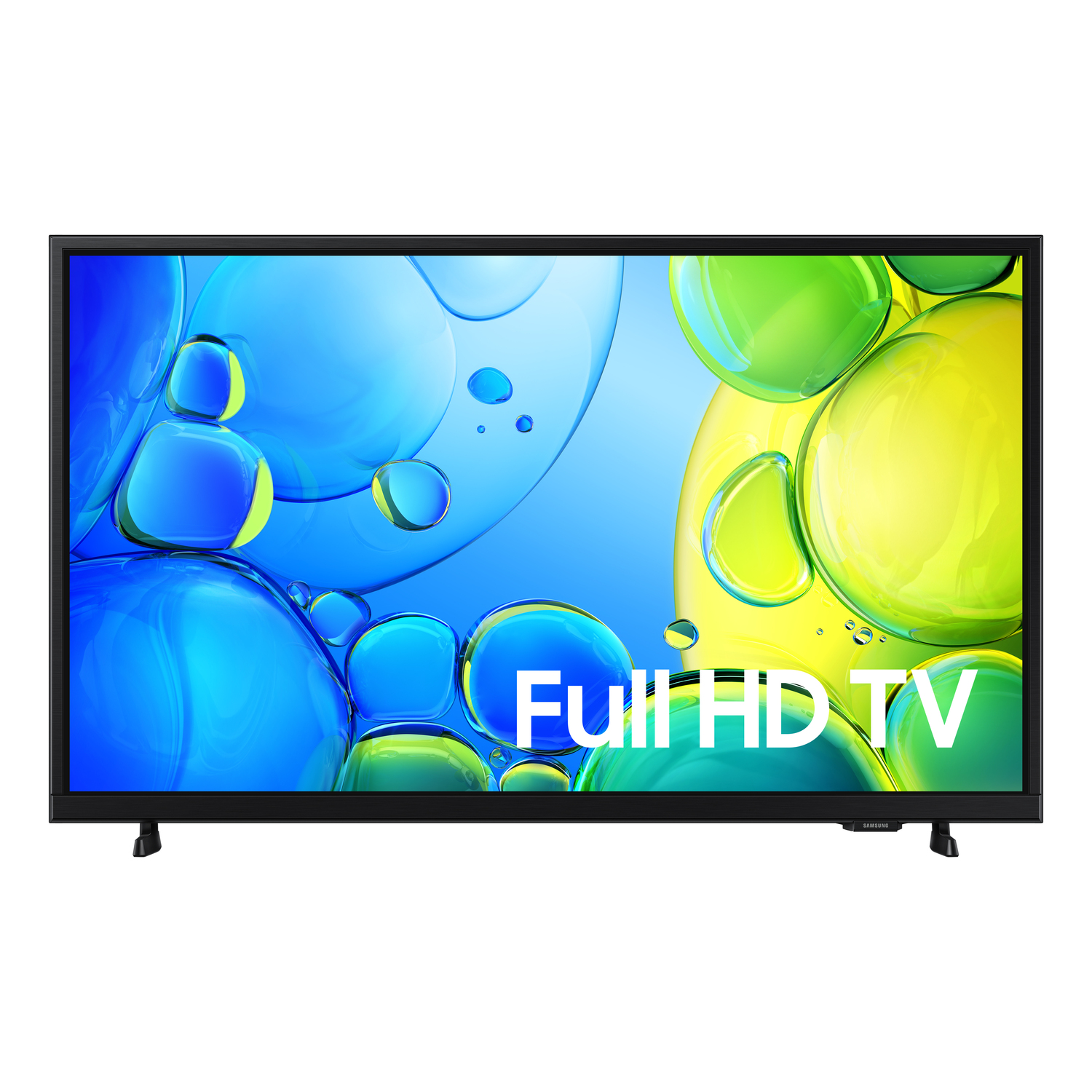 A TV screen displays a colorful, abstract image with text that says Full HD TV.