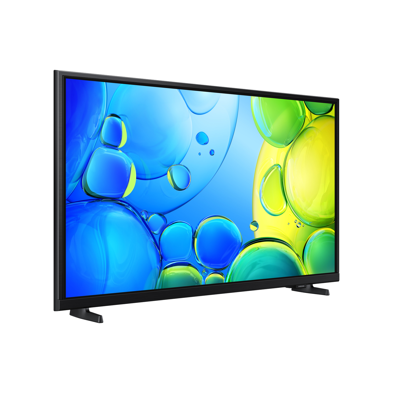 A TV screen displays a colorful, abstract image. Black frame and stand.