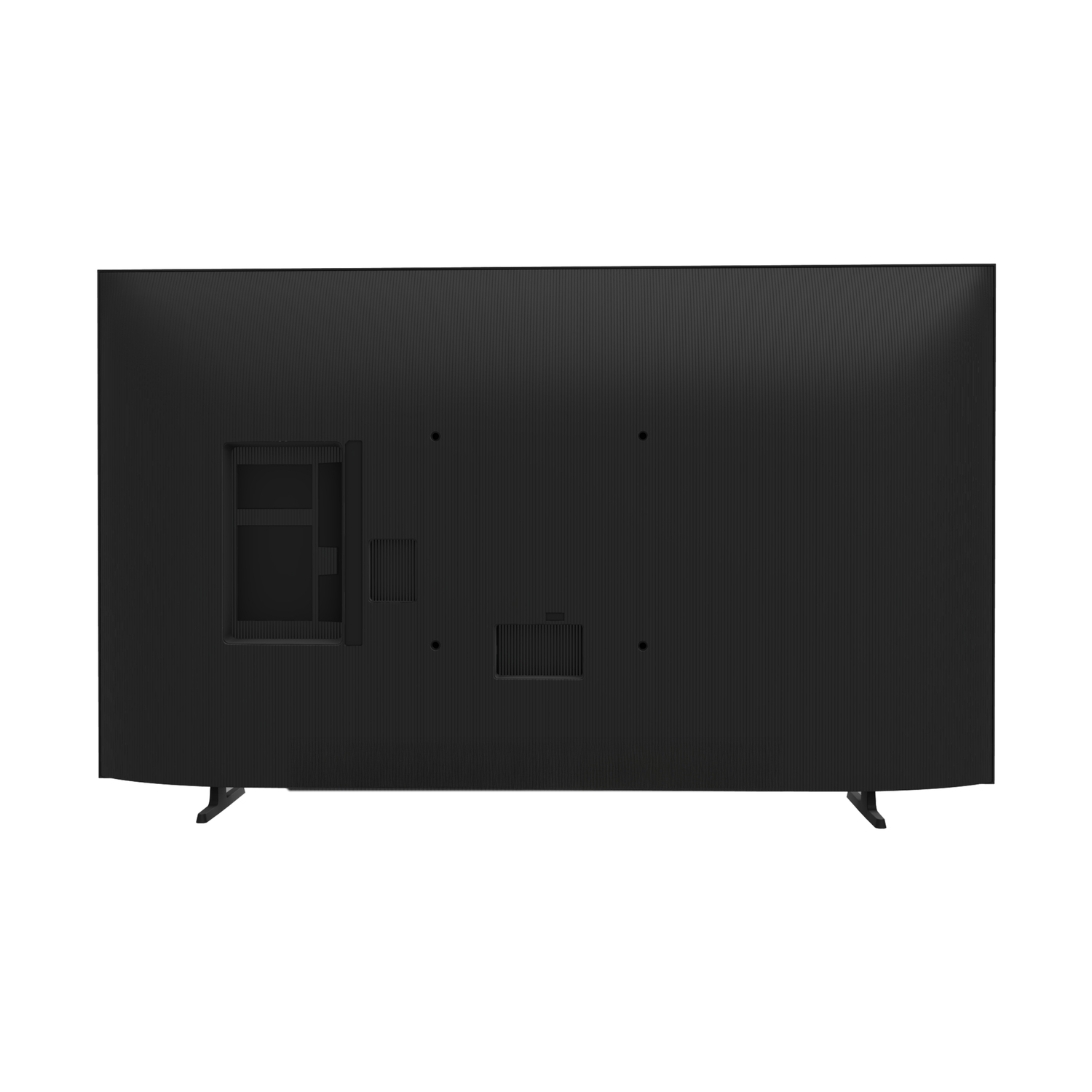 Rear view of a black TV. Shows ports, ventilation, and mounting points.