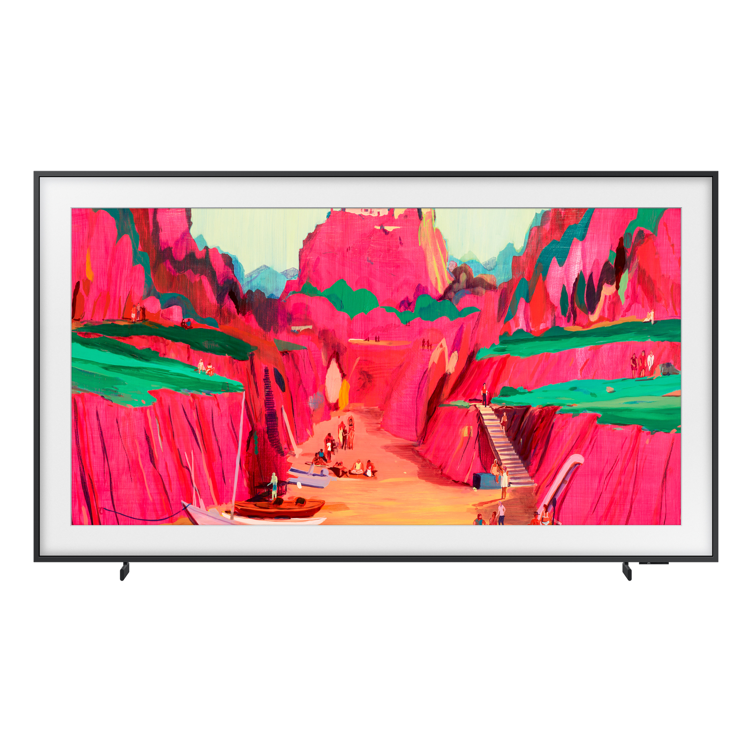TV with artwork of a canyon scene. People are walking on the path and boats are on the river.