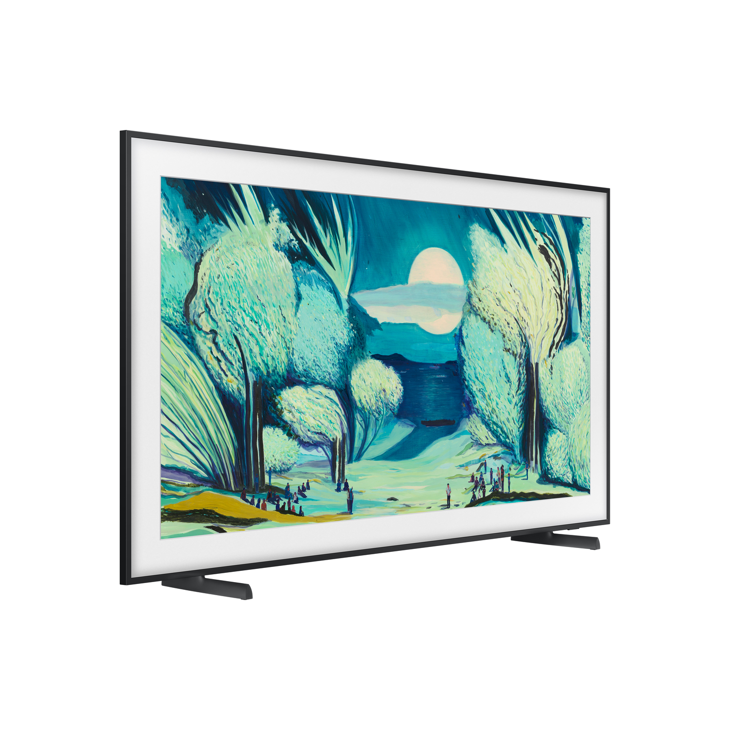 TV with art display, black frame, stand, side view. Artwork is a landscape.