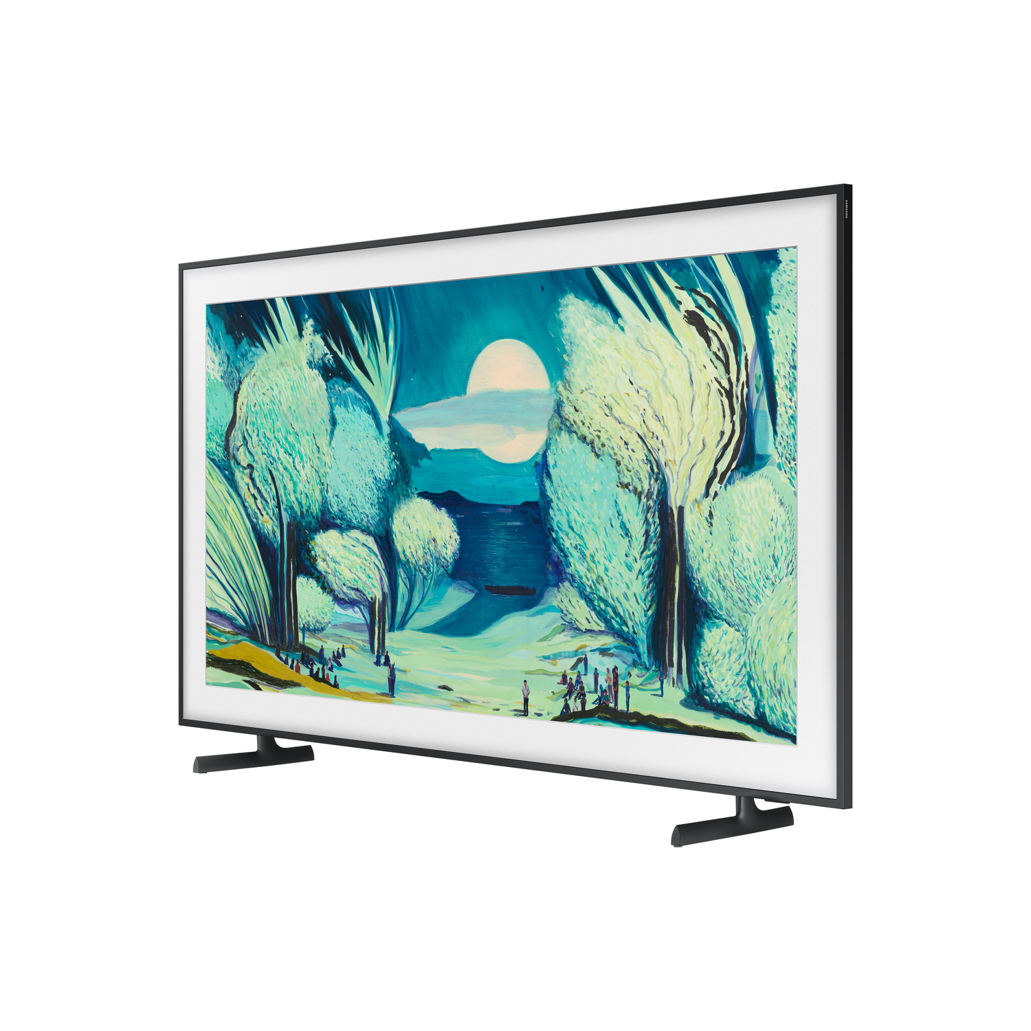 TV with art display, black frame, stand, angled view, landscape artwork.