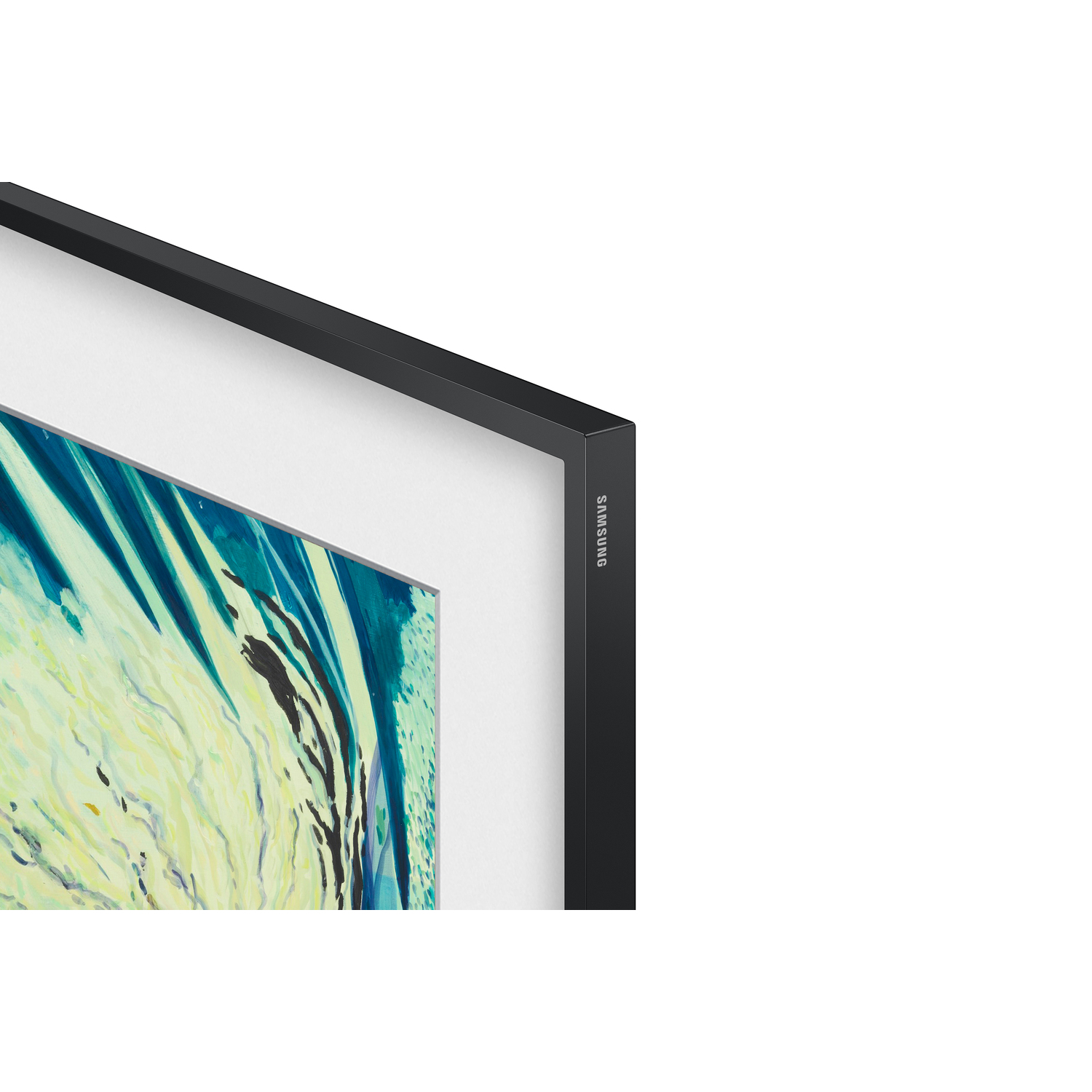 Close-up of the corner of a black framed TV. The frame says 'SAMSUNG' on it.