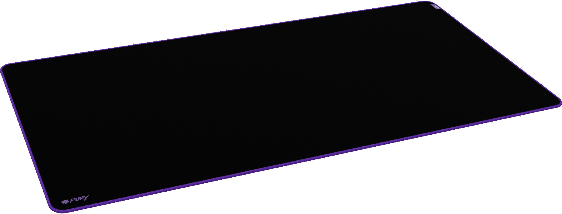 Czarna prostokątna podkładka pod mysz gamingową z fioletowymi krawędziami. Logo 'FURY' na dole po lewej, 'YARI' po prawej.