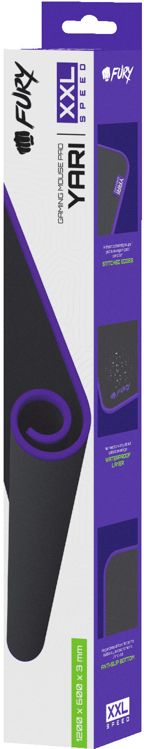 Opakowanie podkładki pod mysz gamingową. Pudełko jest biało-fioletowe, z podkładką zwiniętą w środku.