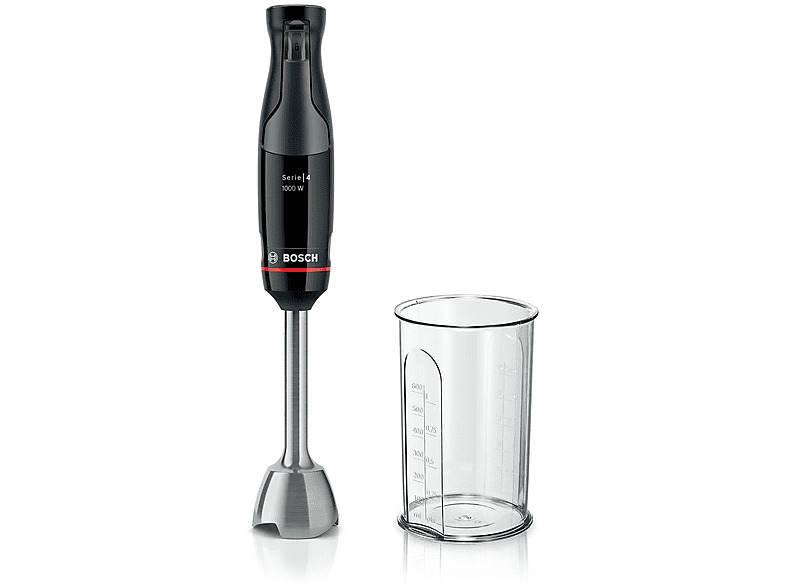 Frullatore ad immersione BOSCH MSM4B610, 1000 W, Impugnatura Ergonomica, Regolazione Dinamica della Velocità, 4 Lame in Acciaio Inox, Bicchiere Graduato, Nero