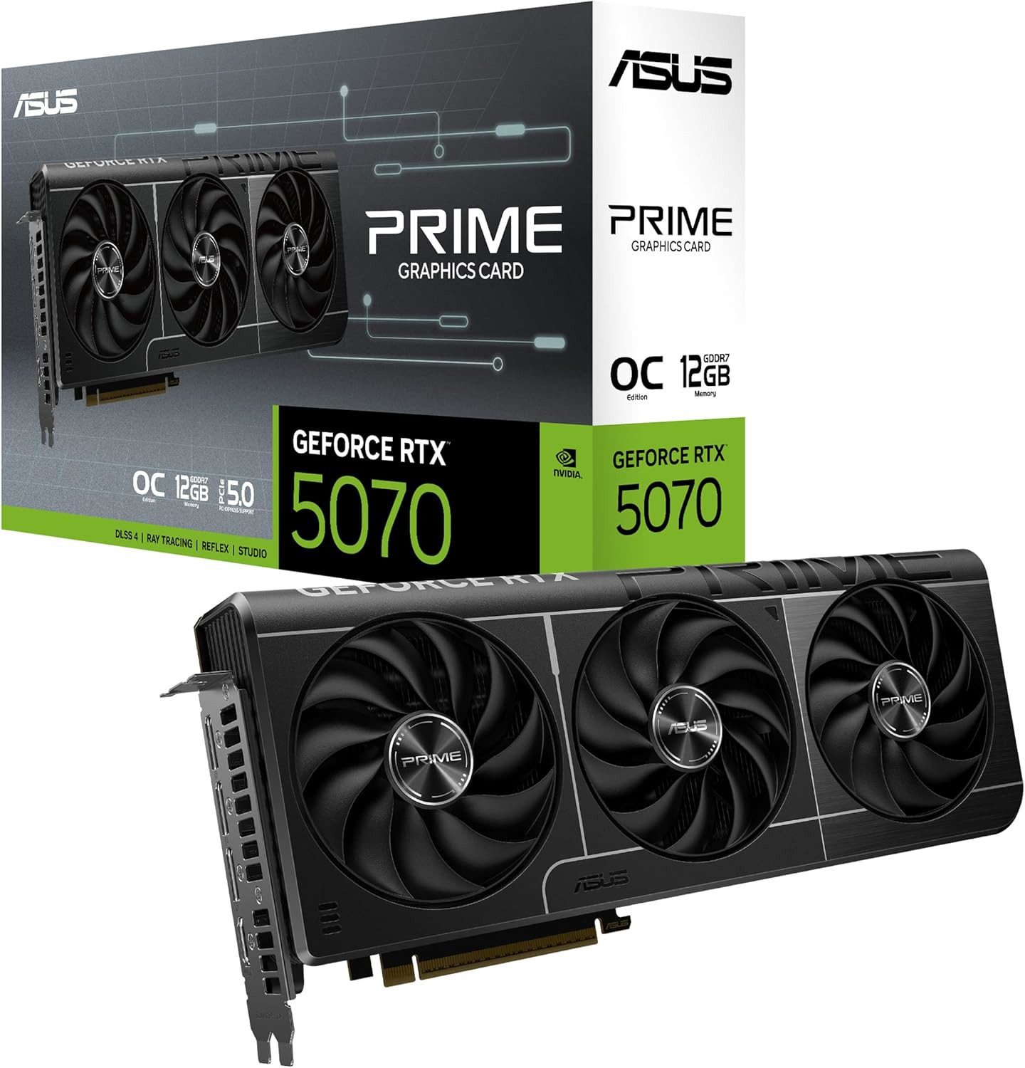 Ekran kartı kutusu ve kartı: GeForce RTX 5070, üç fan, siyah tasarım.