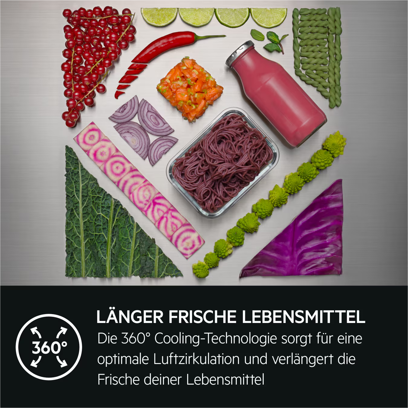 Verschiedene frische Lebensmittel. Text: Länger frische Lebensmittel, 360° Kühltechnologie.