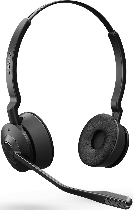 Schwarzes Jabra-Headset mit Mikrofon und zwei Ohrmuscheln. Es ist auf weißem Hintergrund.