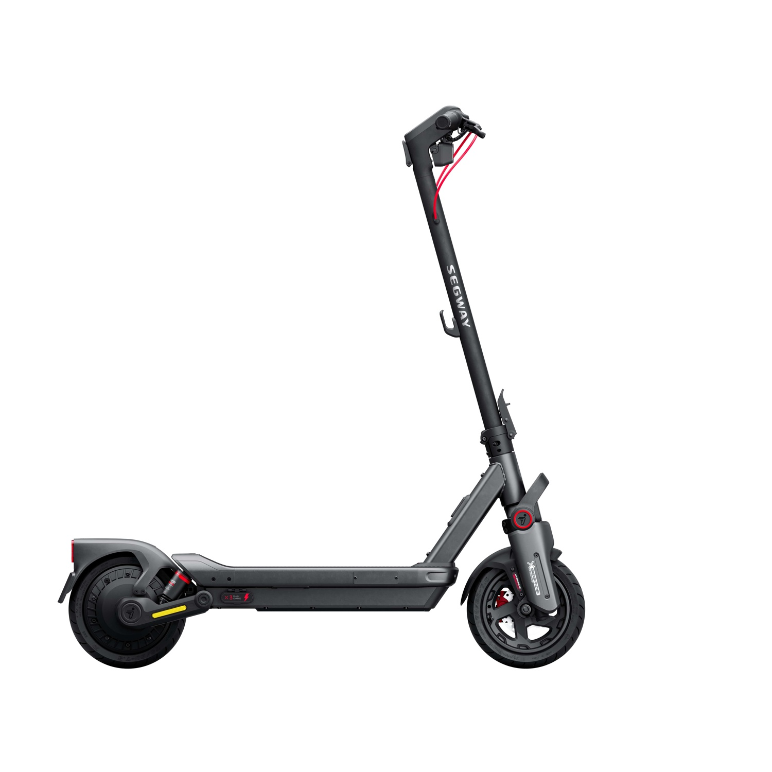 Scooter Segway grigio, vista laterale, manubrio nero e dettagli rossi.