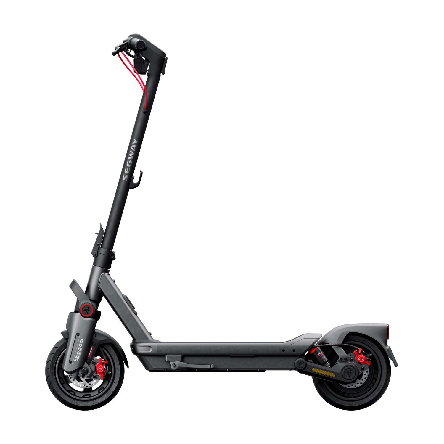 Scooter Segway grigio, vista laterale, sfondo bianco.