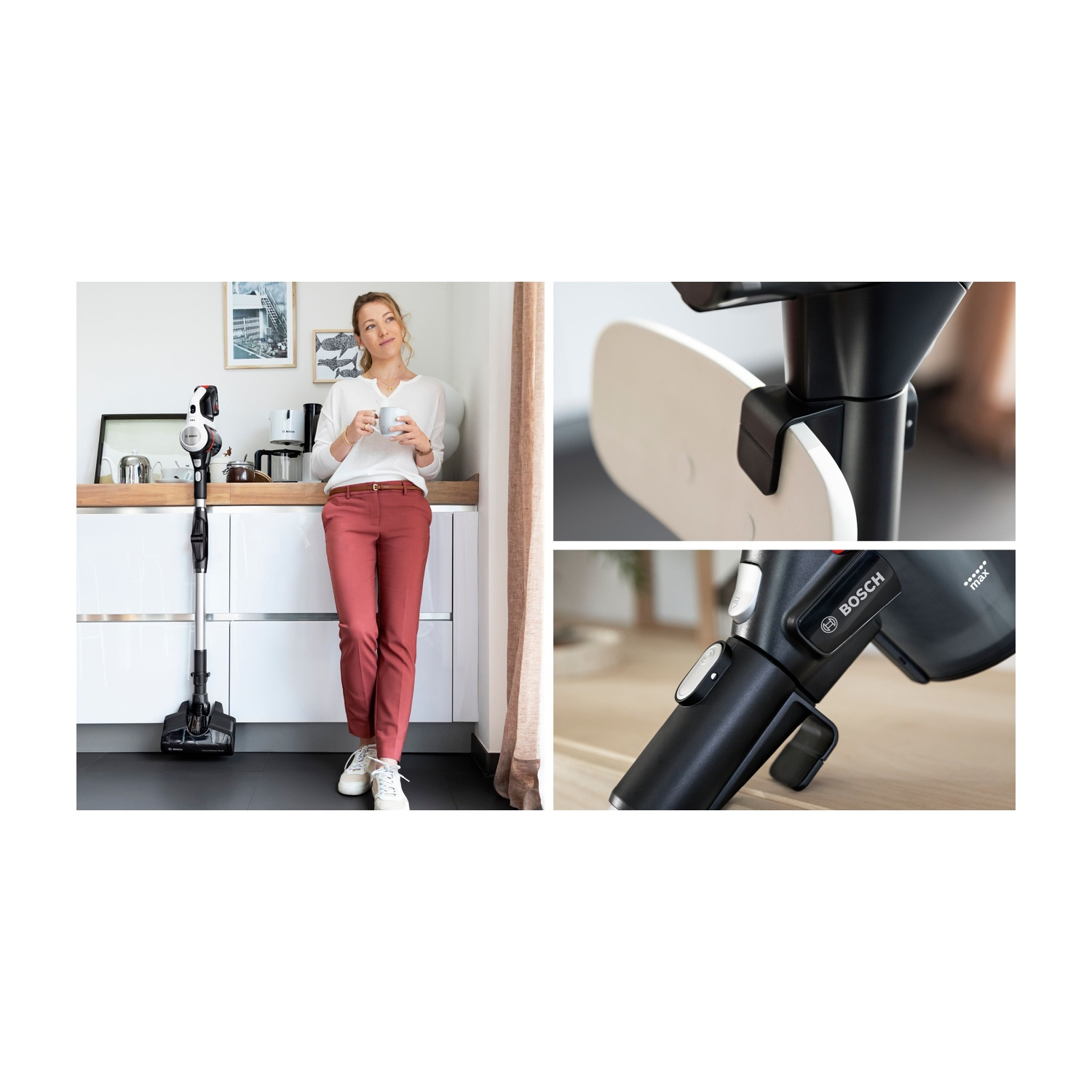 Donna con aspirapolvere e dettagli del dispositivo.