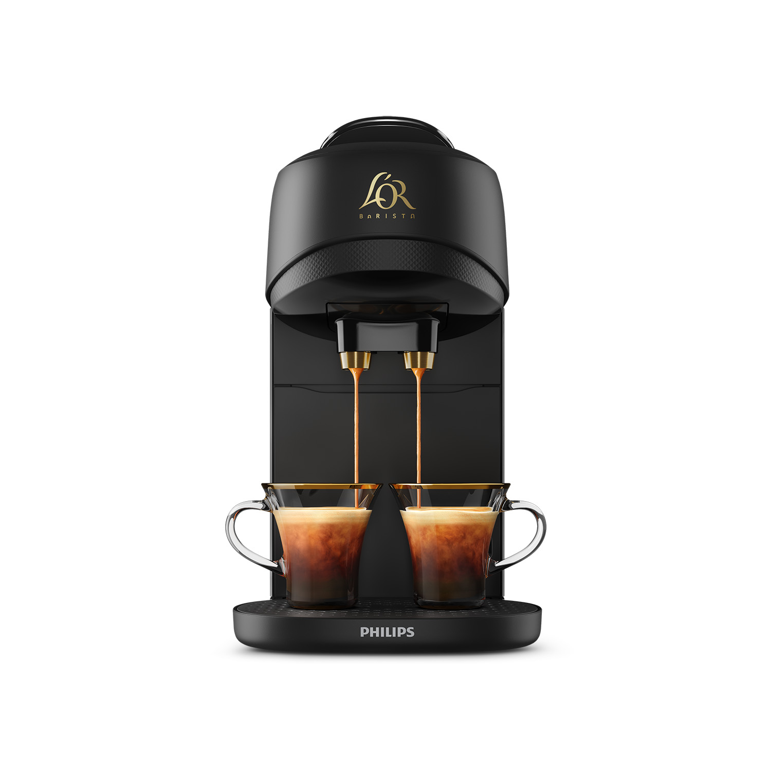 Black coffee machine pouring coffee into two glass cups.