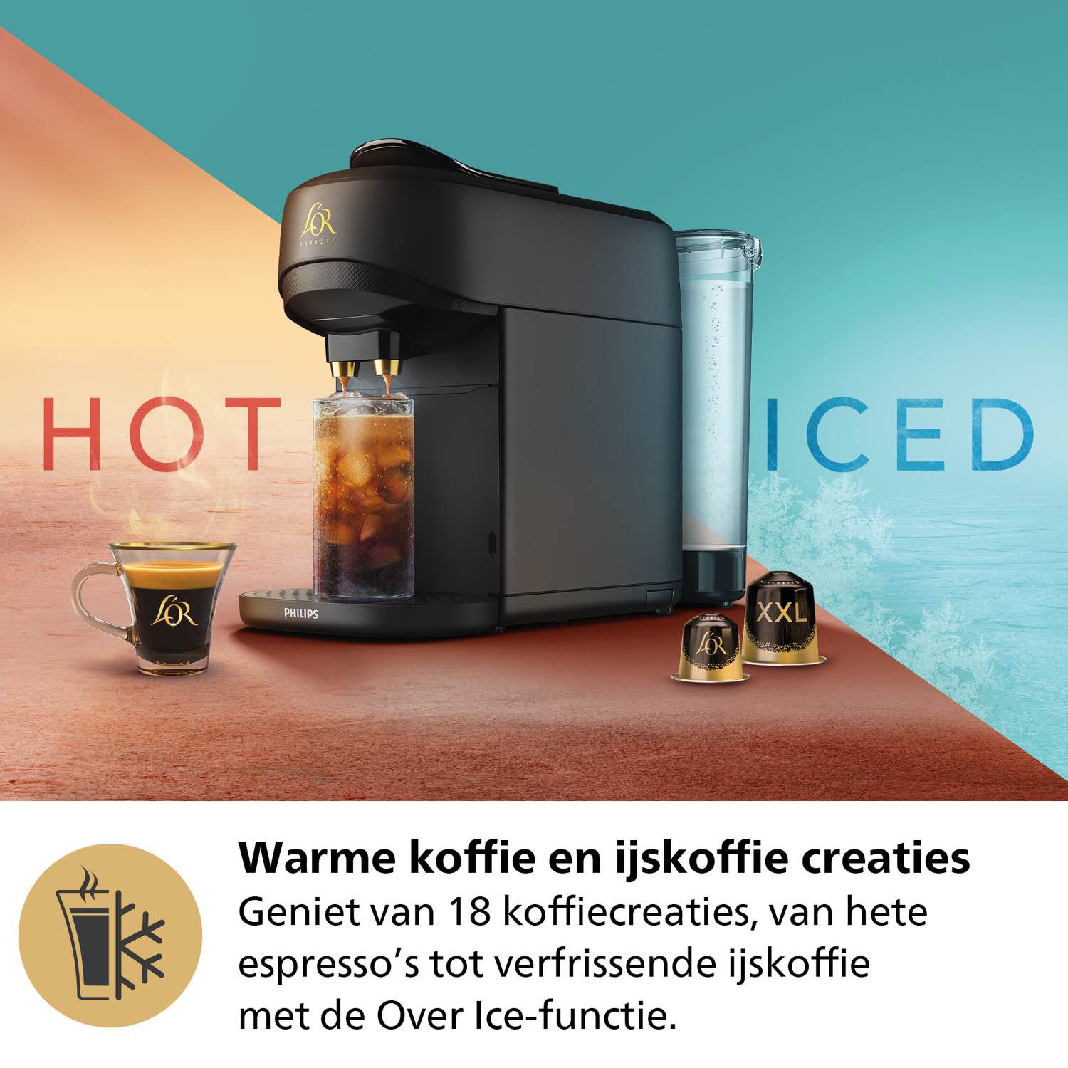 Coffee machine with hot and iced coffee, with capsules.