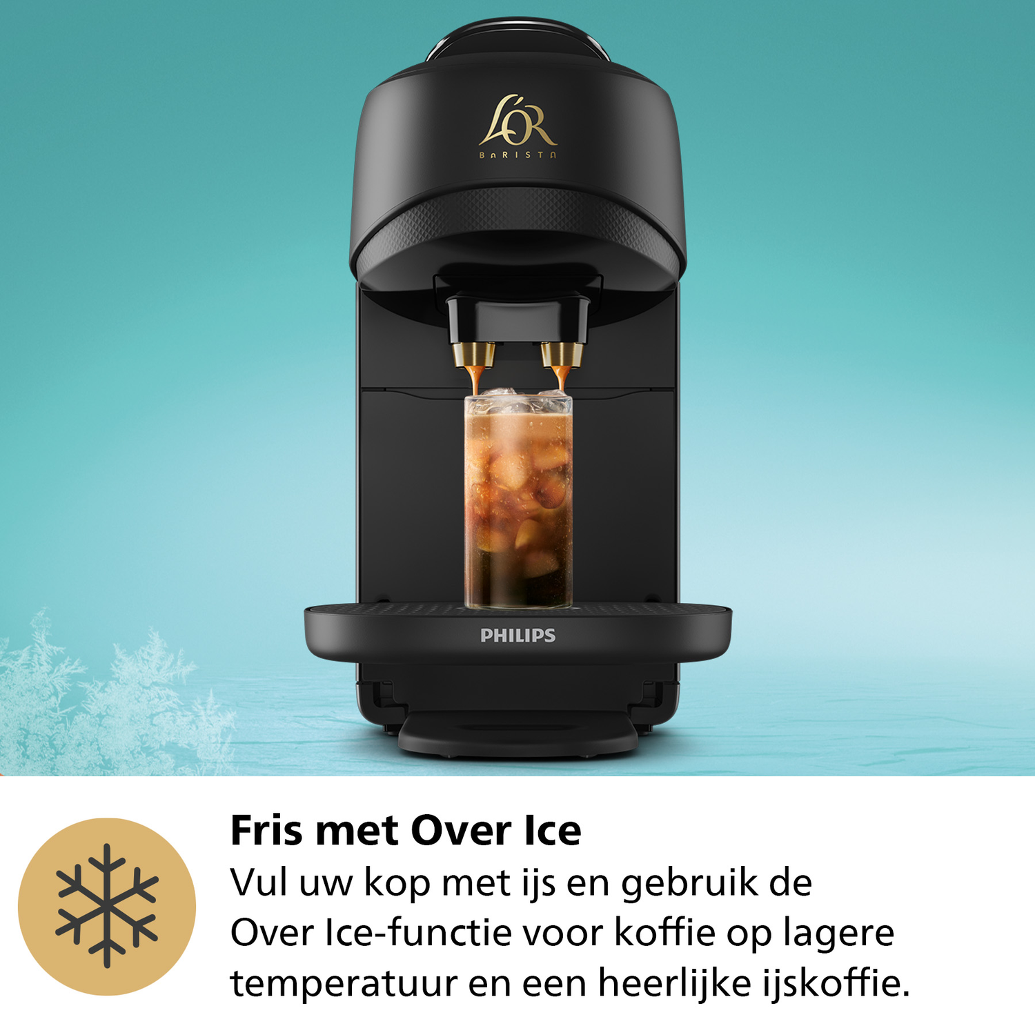 Black coffee machine dispensing coffee into a glass with ice.
