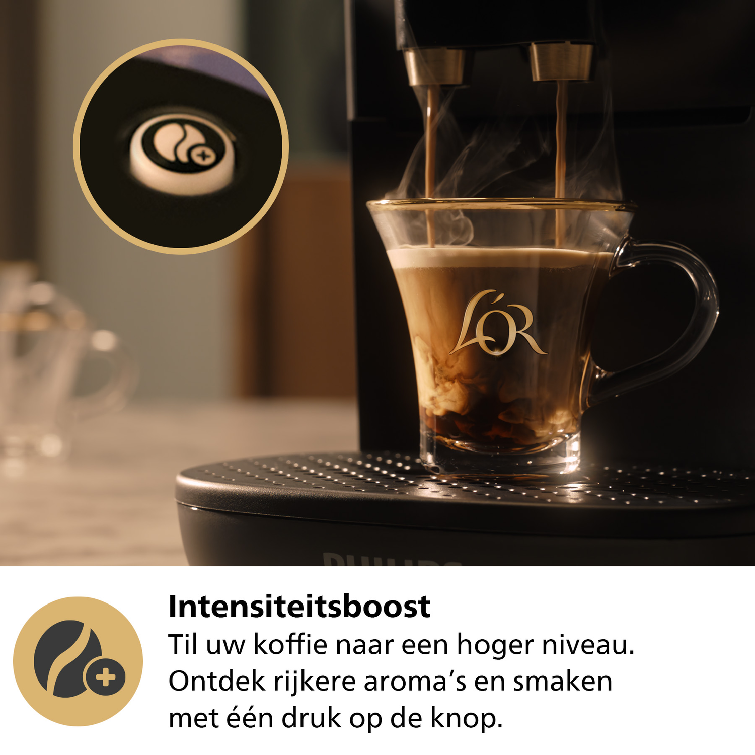Coffee machine dispensing coffee into a glass cup.