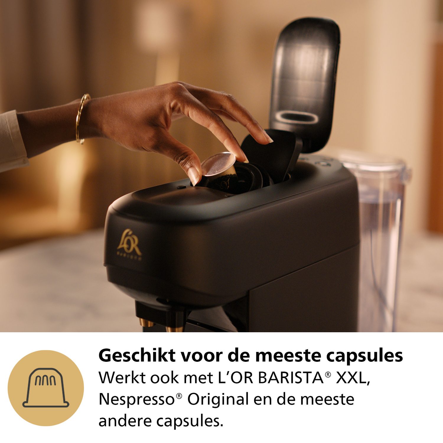 Coffee machine with multiple coffee pods and cups.