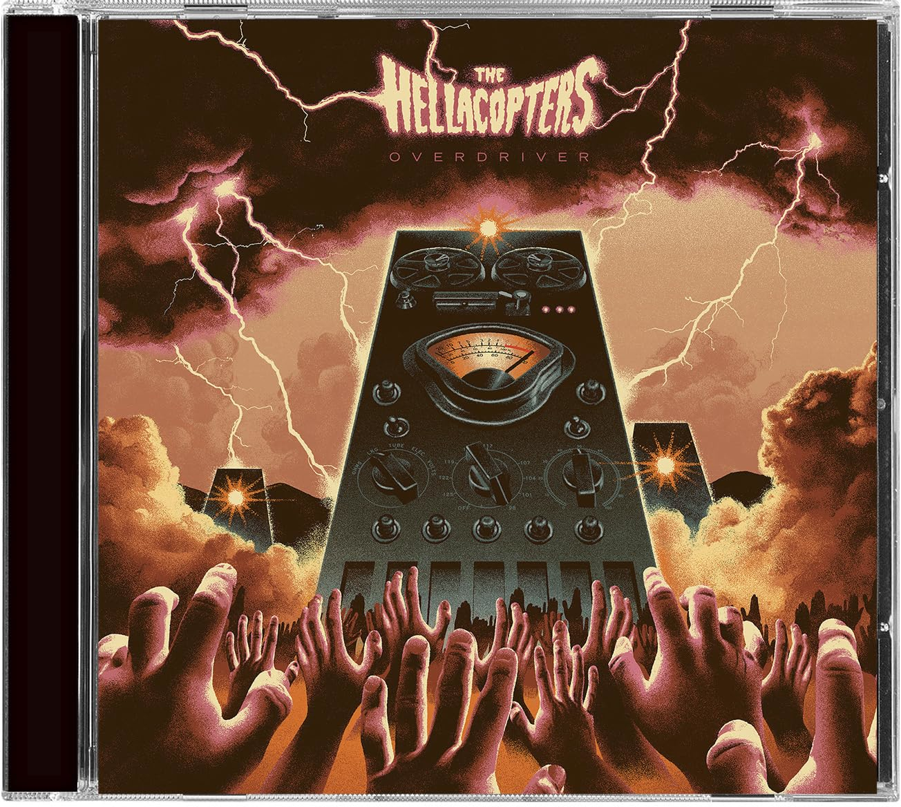 Album borító egy eszköz grafikájával és kezekkel, szöveg: The Hellacopters, Overdriver.