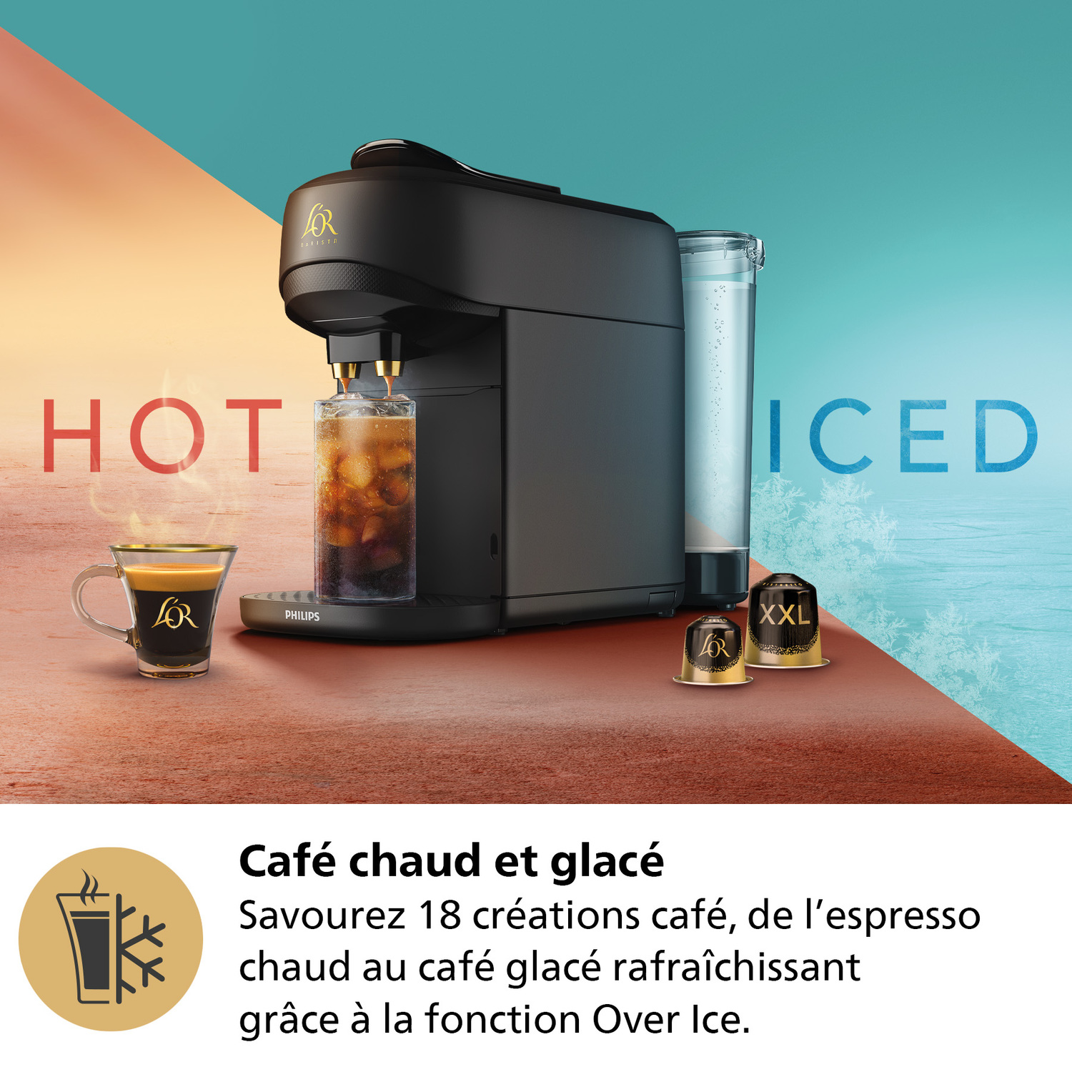 Machine à café noire avec de la glace, montrant une boisson en préparation.