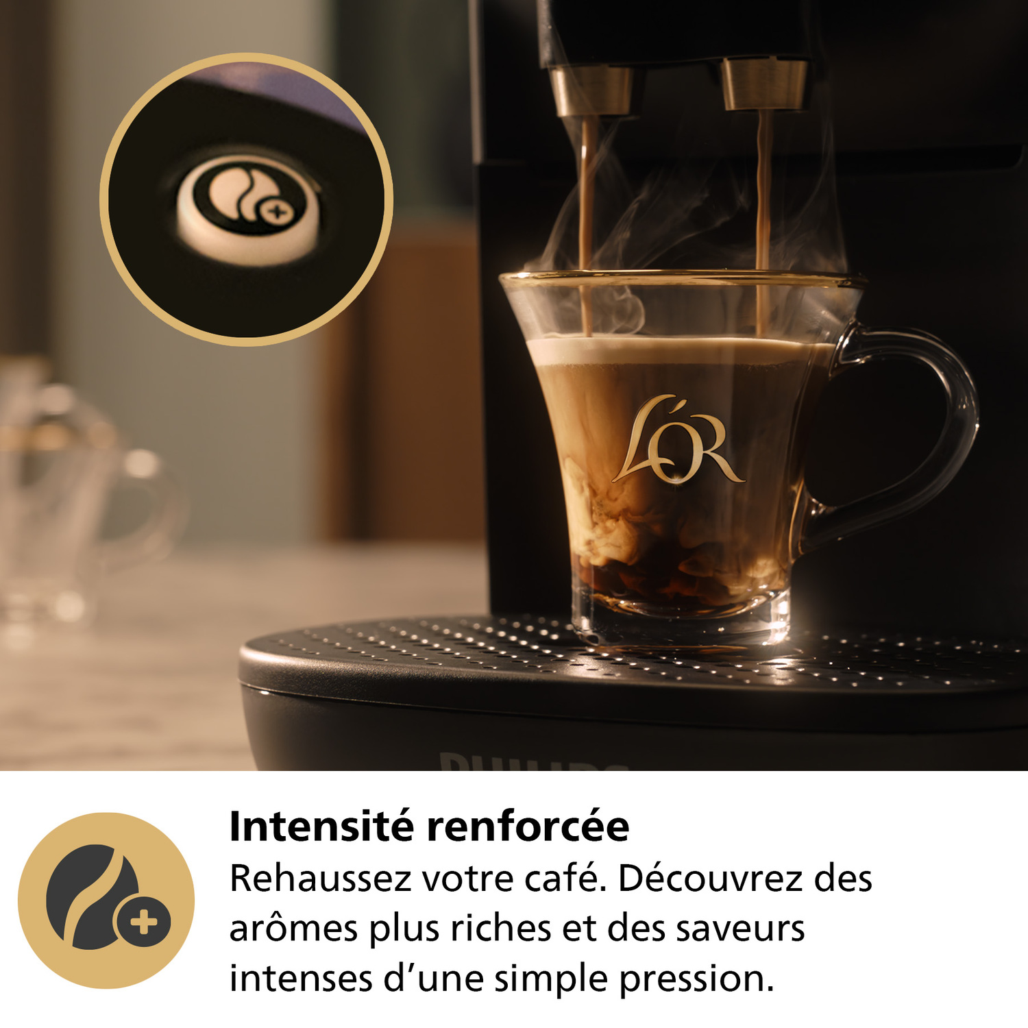 Gros plan sur les buses de la machine à café avec un cadran indiquant 19 bars.