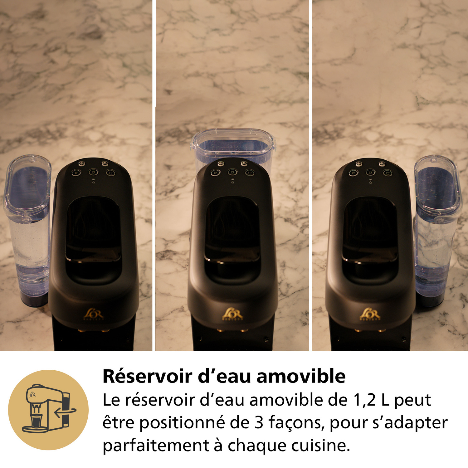 Machine à café avec un réservoir d'eau amovible, montrant trois positions.