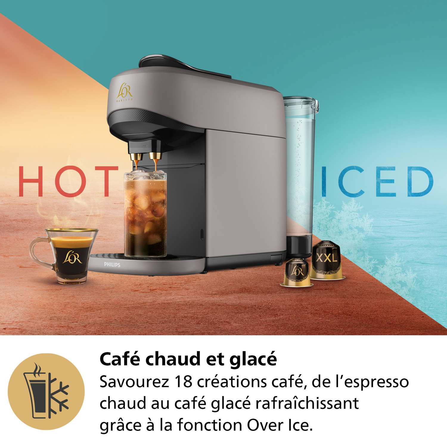 Machine à café grise préparant du café glacé, avec le texte HOT ICED.