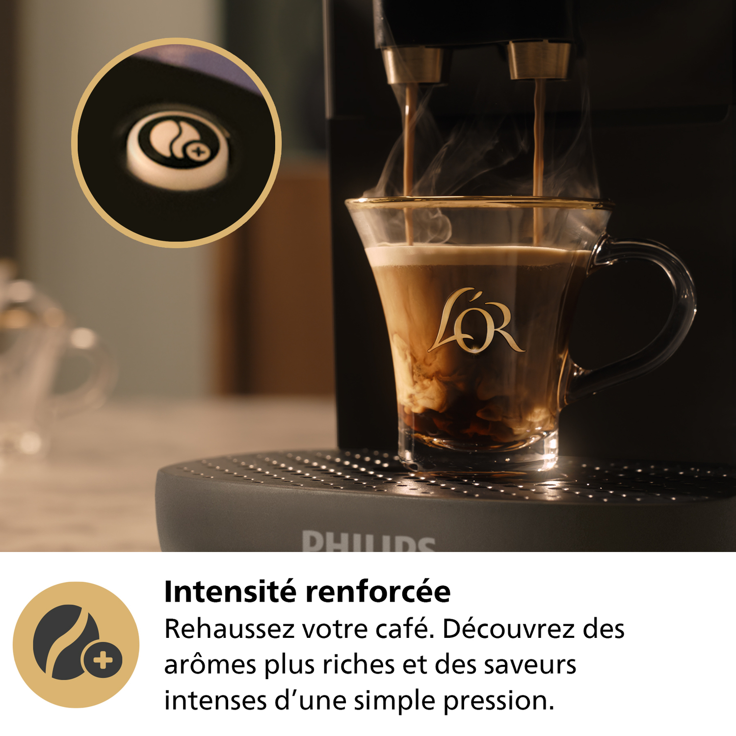 Machine à café versant du café dans une tasse en verre.