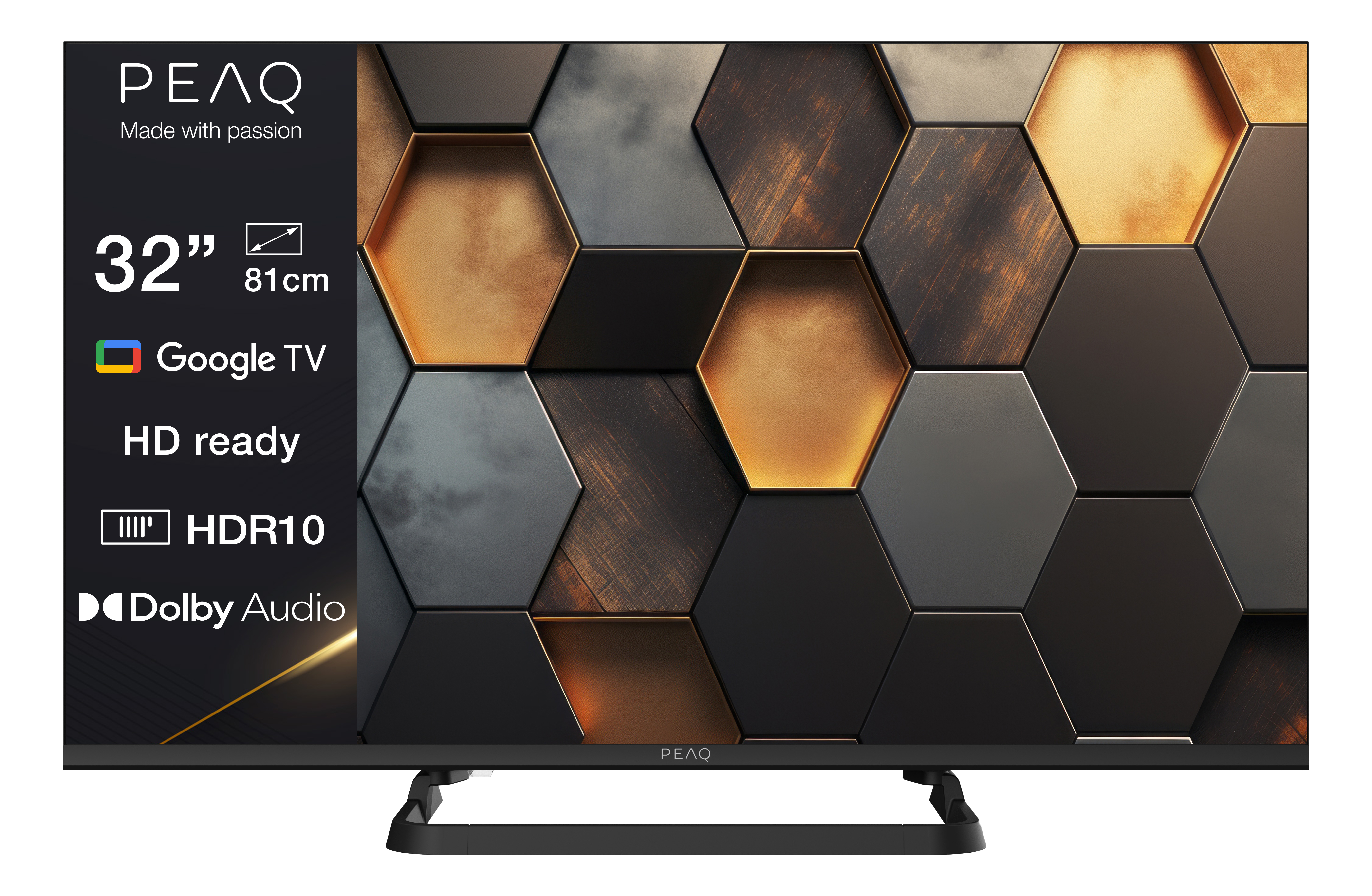Ein schwarzer Fernseher mit schwarzem Ständer. Der Bildschirm zeigt einen sechseckigen Musterhintergrund.
