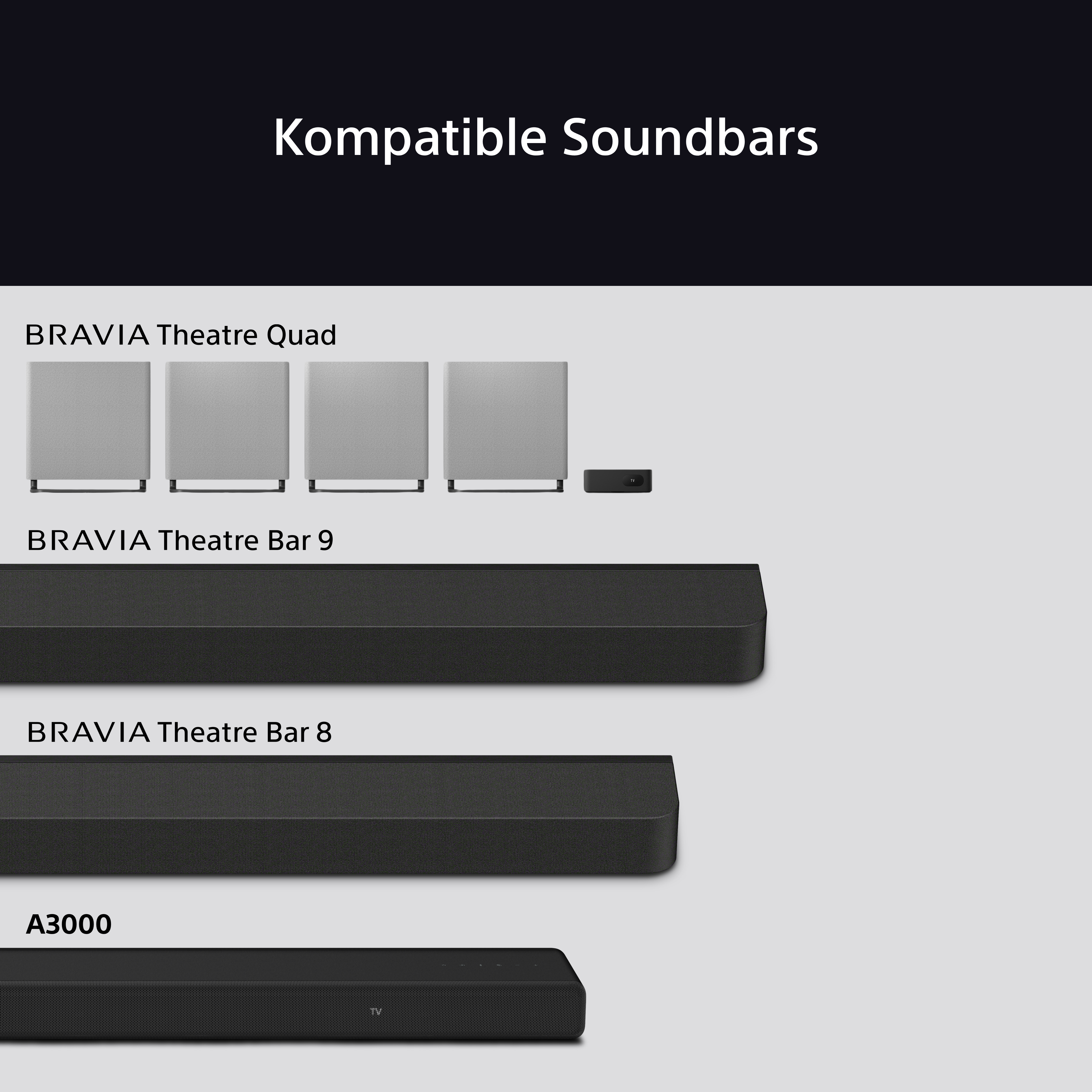 Eine Anzeige kompatibler Soundbars: BRAVIA Theatre Quad, Bar 9, Bar 8 und A3000.