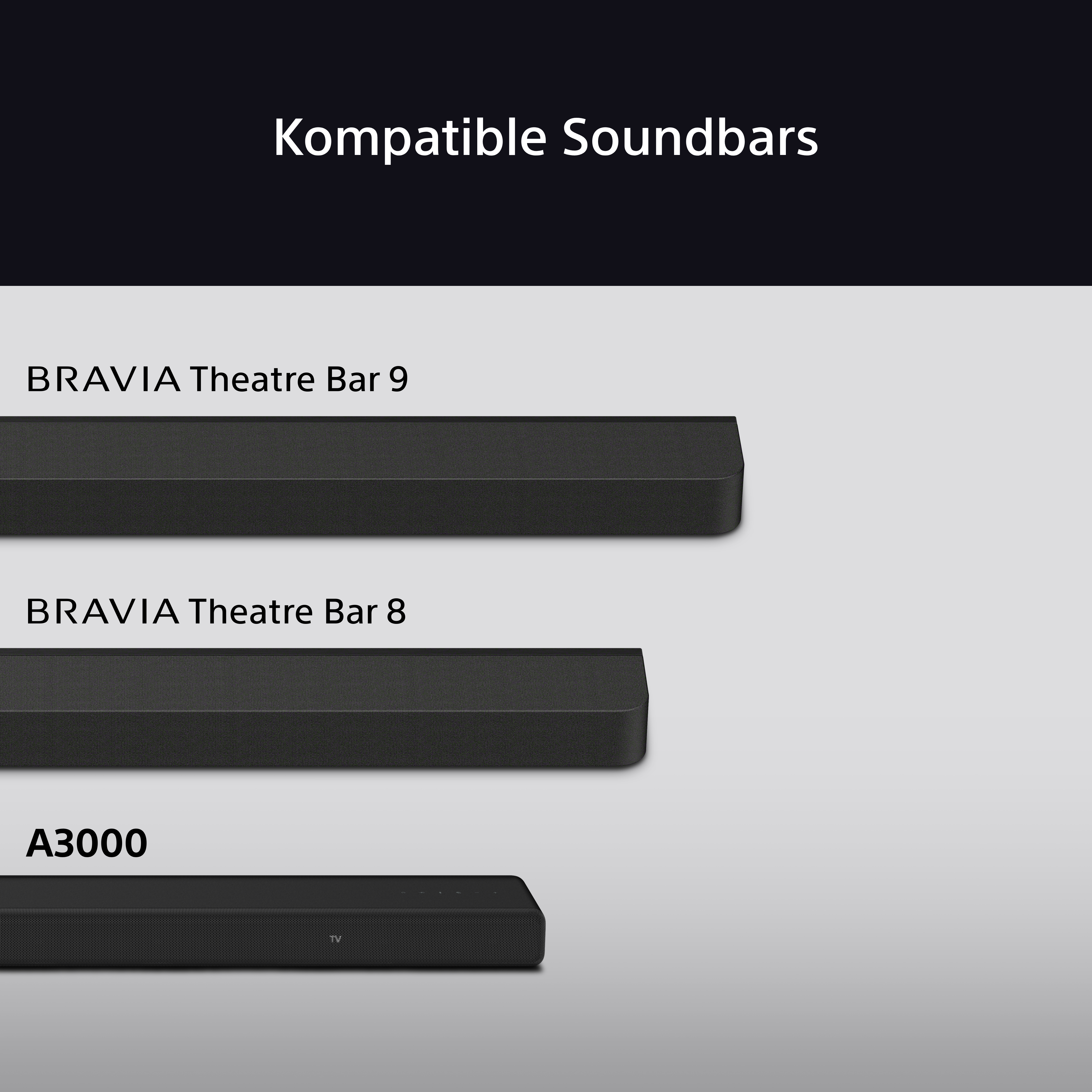 Drei schwarze Soundbars mit der Bezeichnung BRAVIA Theatre Bar 9, BRAVIA Theatre Bar 8 und A3000.