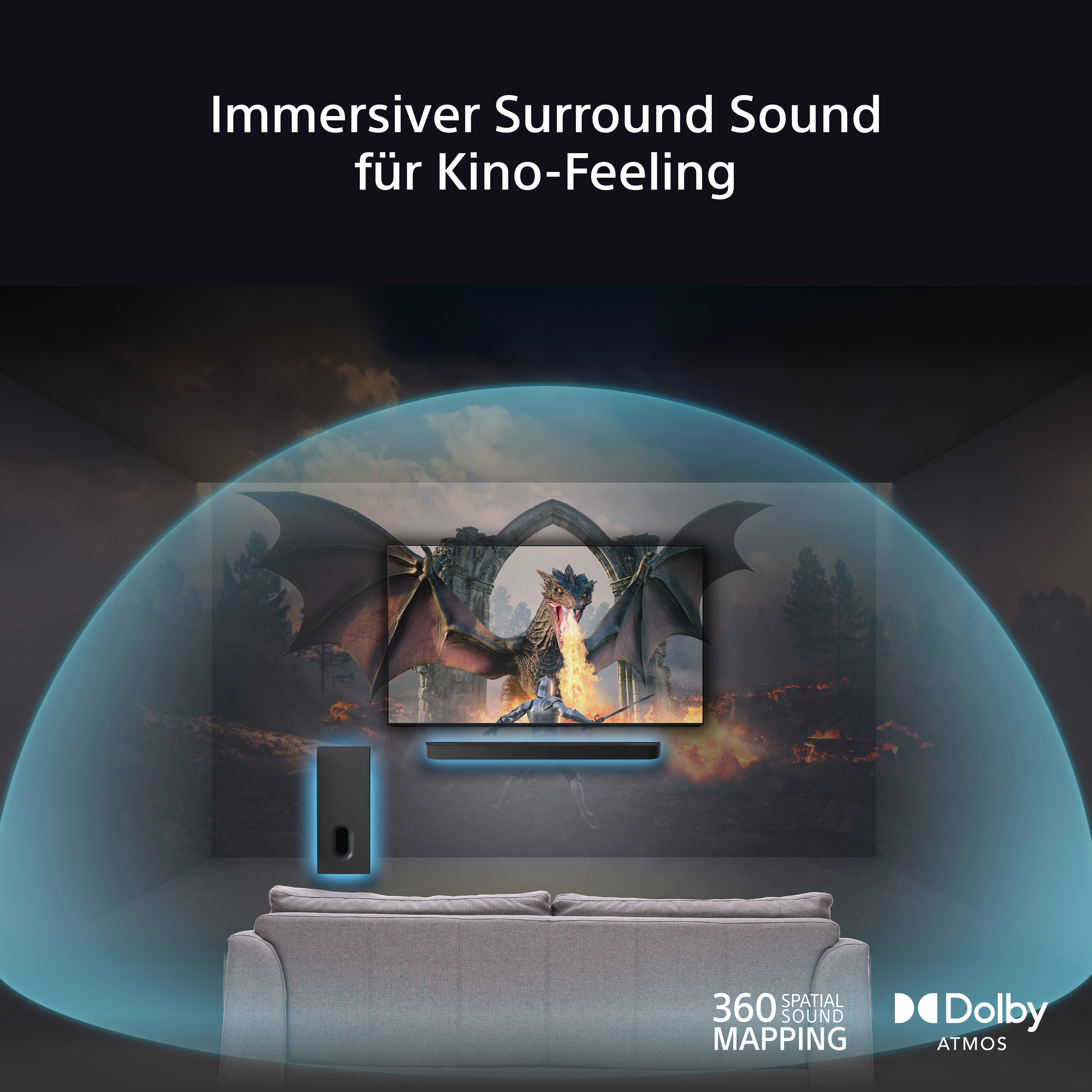 Ein Wohnzimmer mit einem Fernseher, der einen Drachen zeigt, Soundbar und Subwoofer, mit blauem Surround-Sound-Bogen.