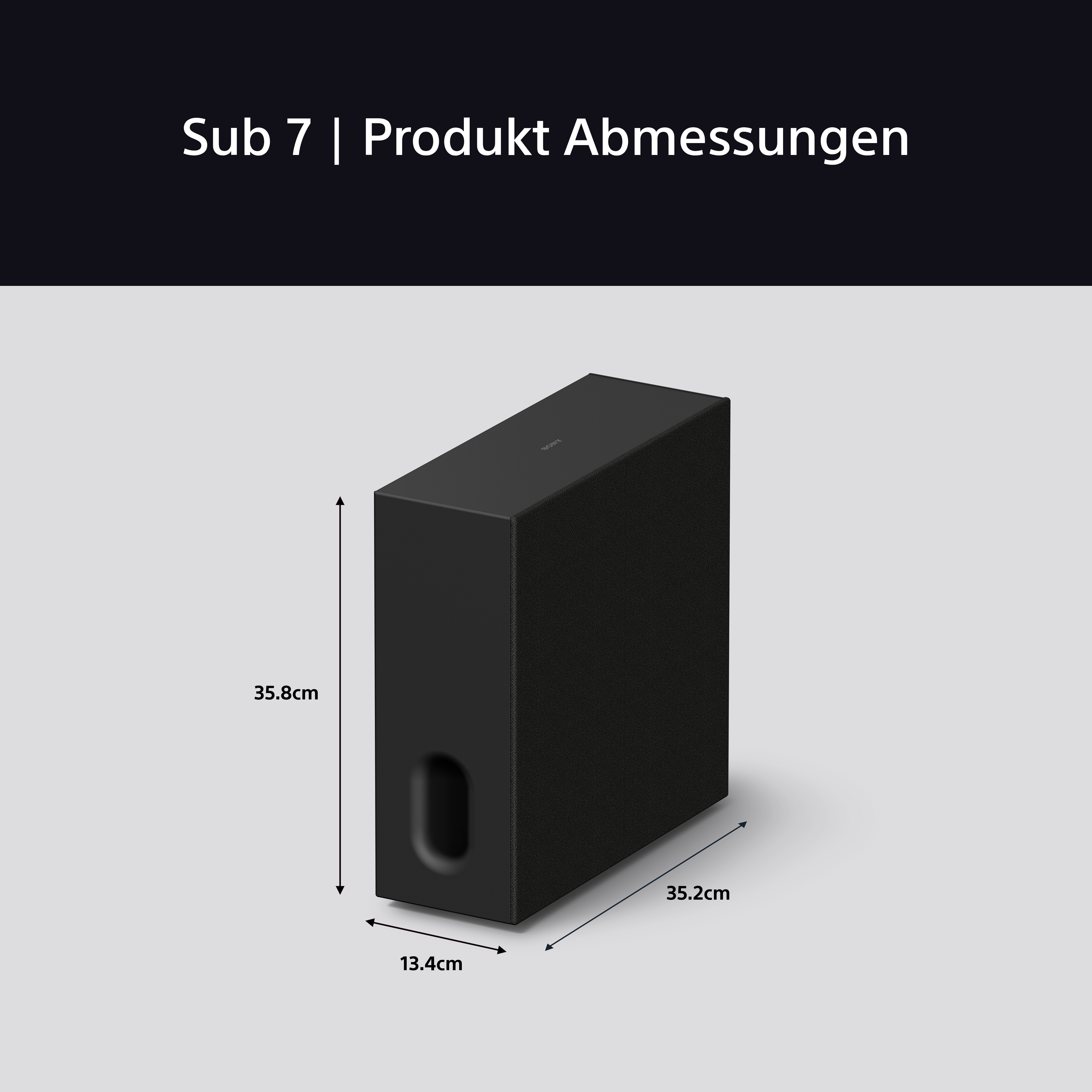 Schwarzer rechteckiger Subwoofer mit den Maßen: 35,8 cm Höhe, 13,4 cm Breite und 35,2 cm Tiefe.