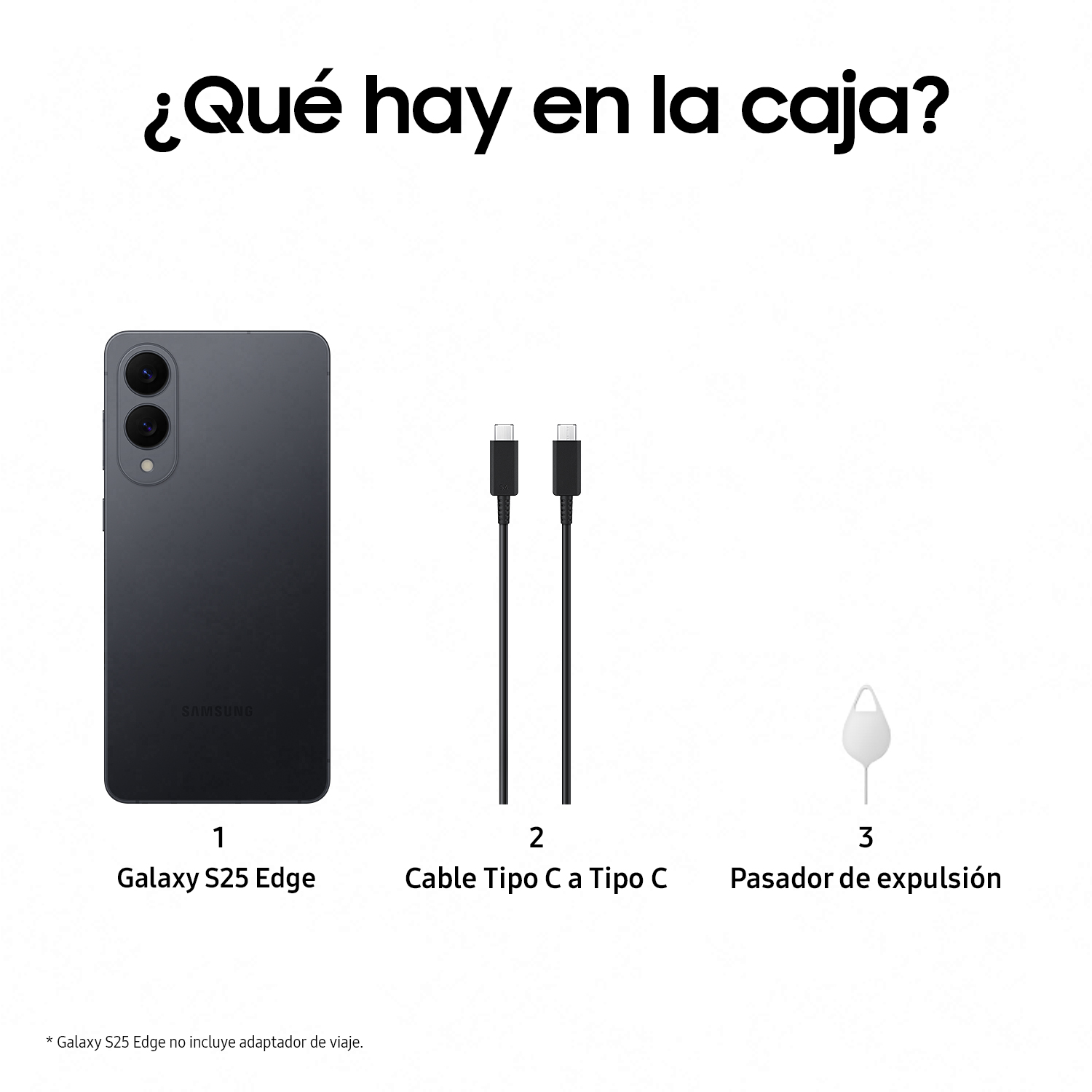 Contenido de la caja: teléfono, cable de carga y herramienta de expulsión SIM. Gris oscuro.