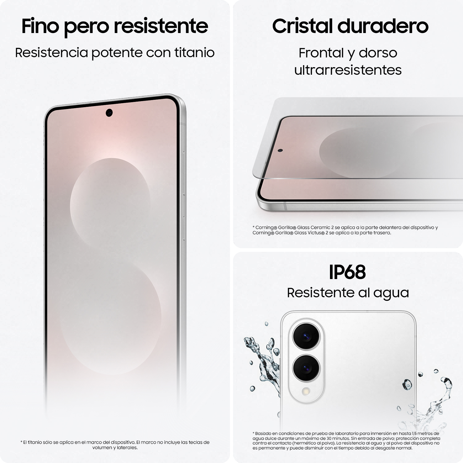 Gráfico informativo: Características de pantalla y resistencia al agua del teléfono Samsung Galaxy S25 Edge.