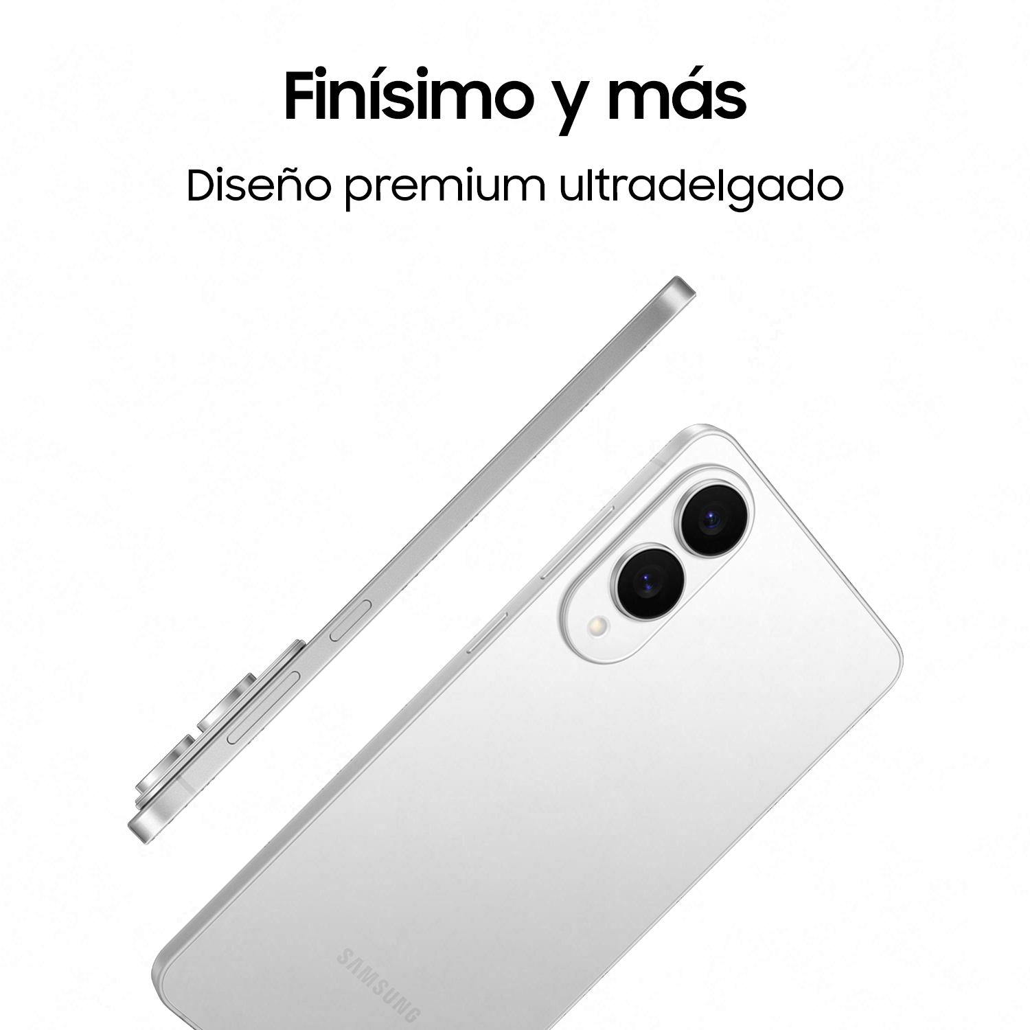 Teléfono Galaxy S25 Edge blanco, en ángulo, con dos cámaras visibles. El teléfono está contra un fondo blanco.