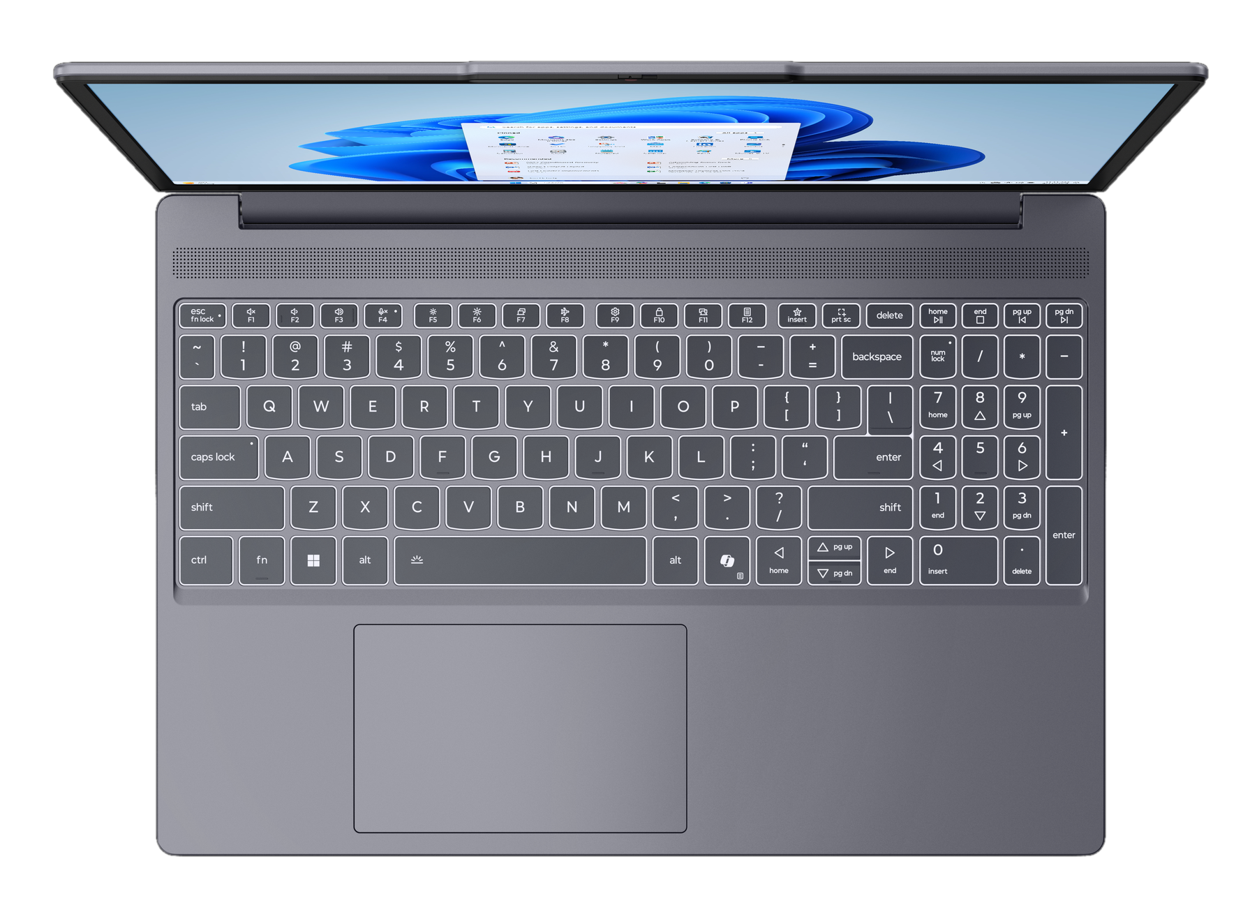 Widok klawiatury i gładzika laptopa. Szara klawiatura i szary gładzik.