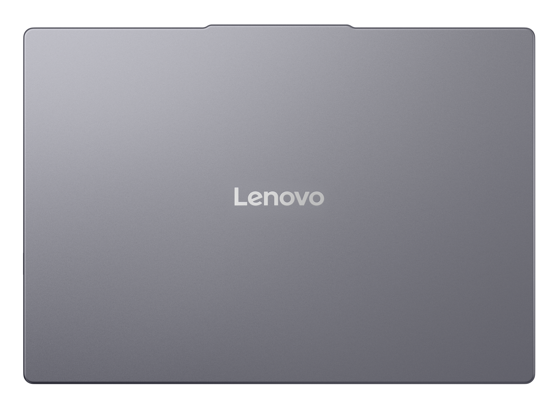 Laptop z logo Lenovo na górze. Ciemnoszary kolor. Płaska powierzchnia.