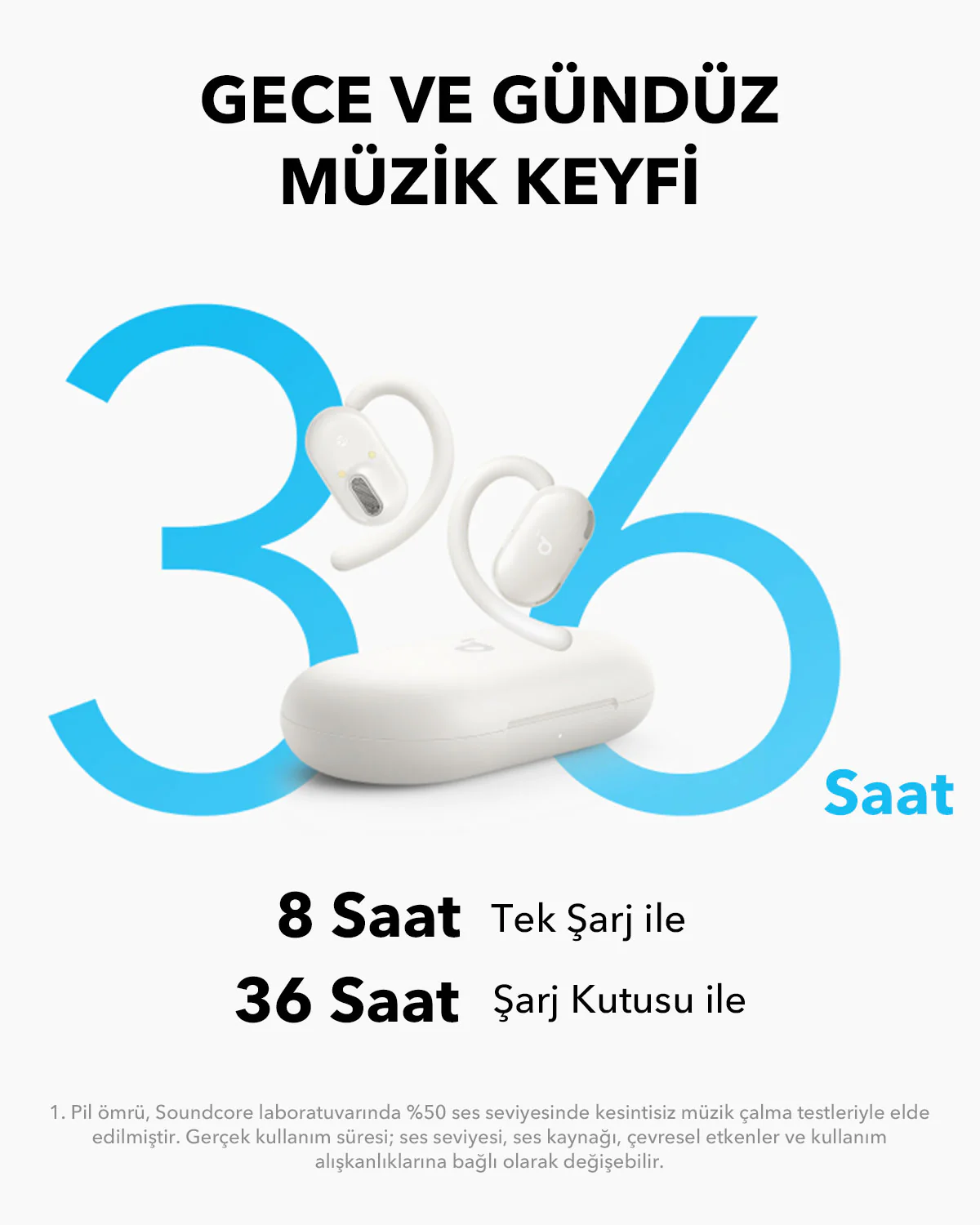 Kulaklıklar ve şarj kutusu, 36 sayısı ve Saat kelimesiyle. Metin: Tek şarjla 8 saat.