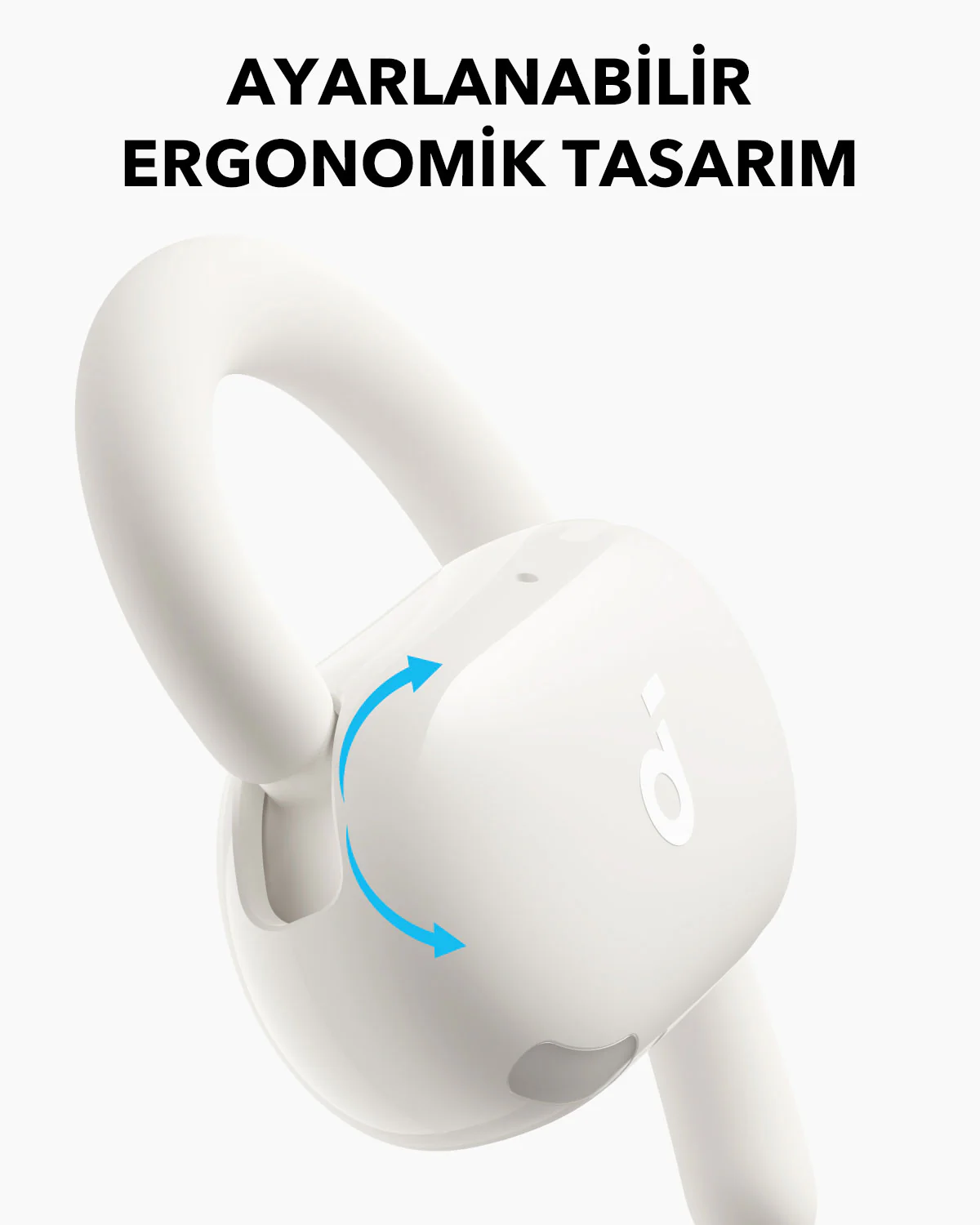 Kulaklığın tasarımını gösteren yakın çekim, metinle: Ayarlanabilir ergonomik tasarım.