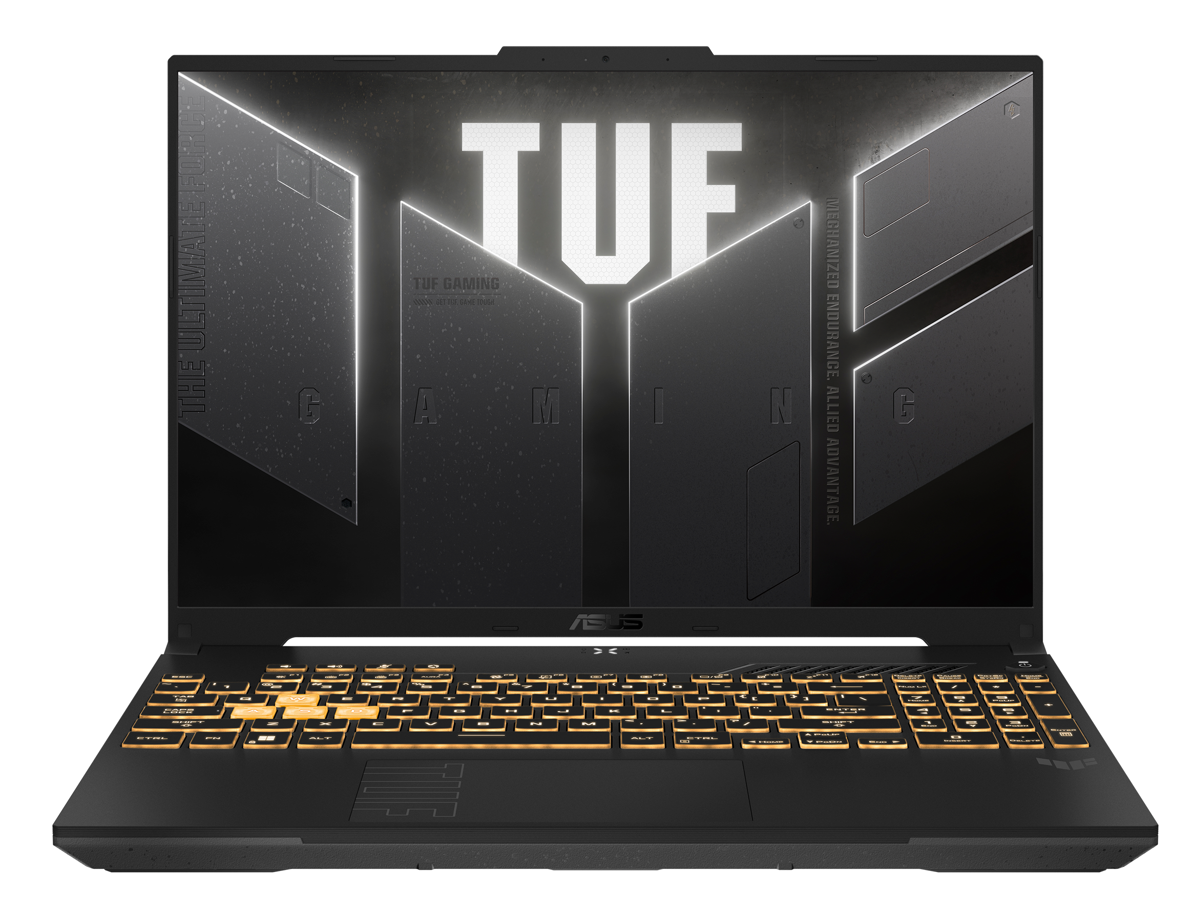 Czarny laptop, podświetlana pomarańczowa klawiatura, ze słowem TUF na ekranie. Szary design z białymi liniami.