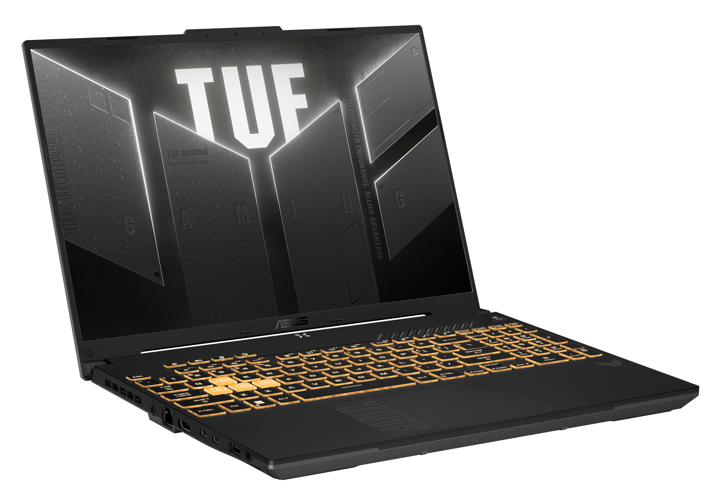 Czarny laptop ze słowem TUF na ekranie. Podświetlana pomarańczowa klawiatura, szary design z białymi liniami.