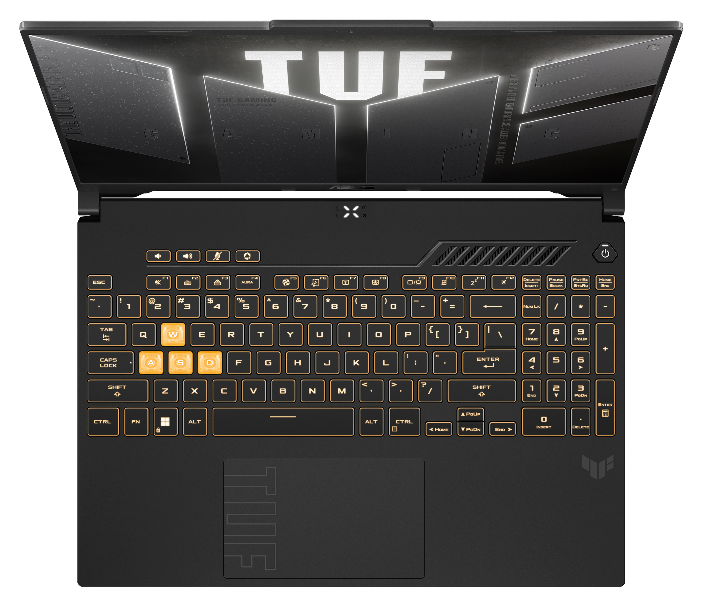 Widok z góry na czarny laptop. Klawiatura z pomarańczowymi, podświetlanymi klawiszami i słowo TUF na czarnym tle.