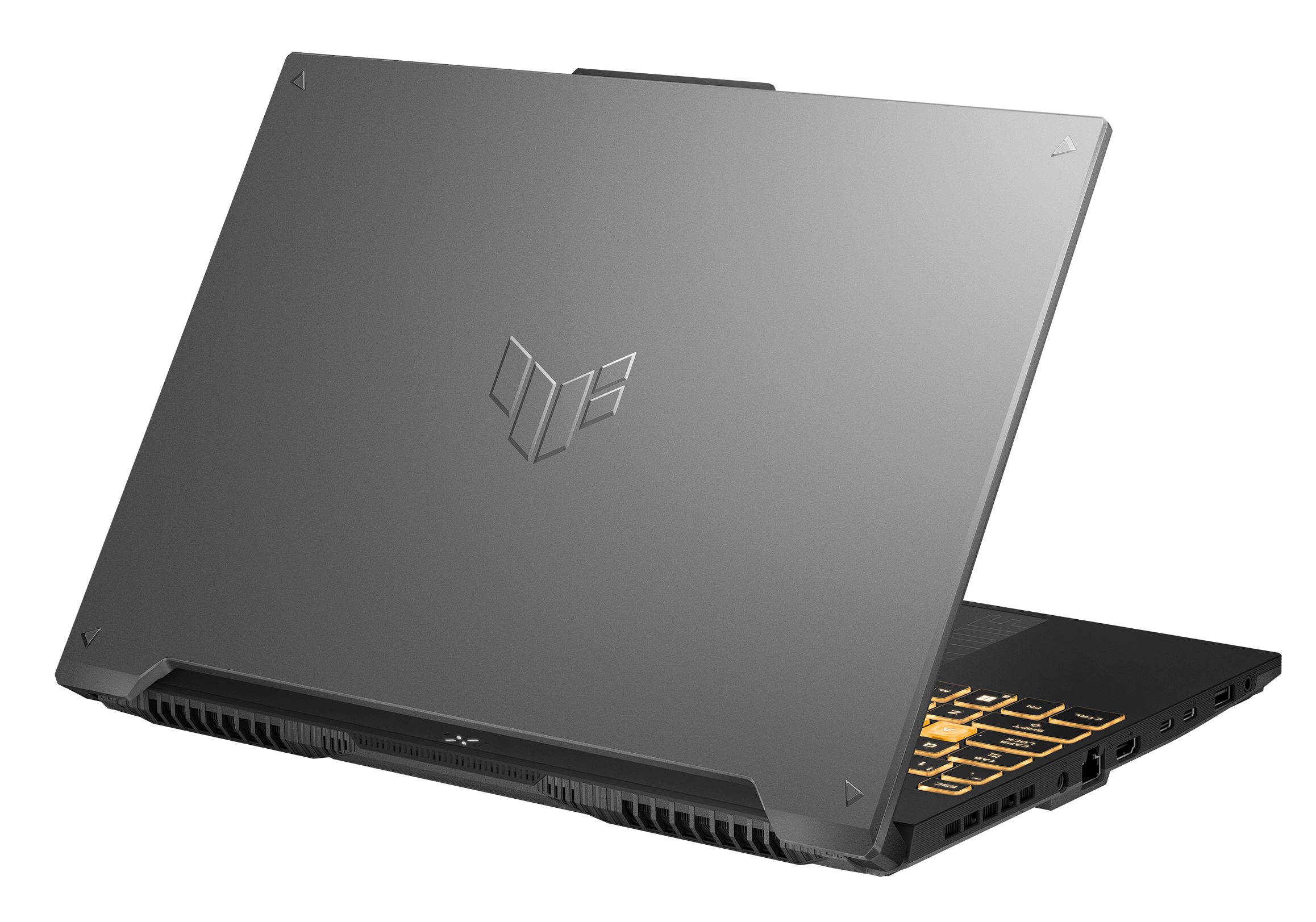 Szary tył laptopa z wygrawerowanym logo. Laptop jest czarny. Klawiatura podświetlona na pomarańczowo.