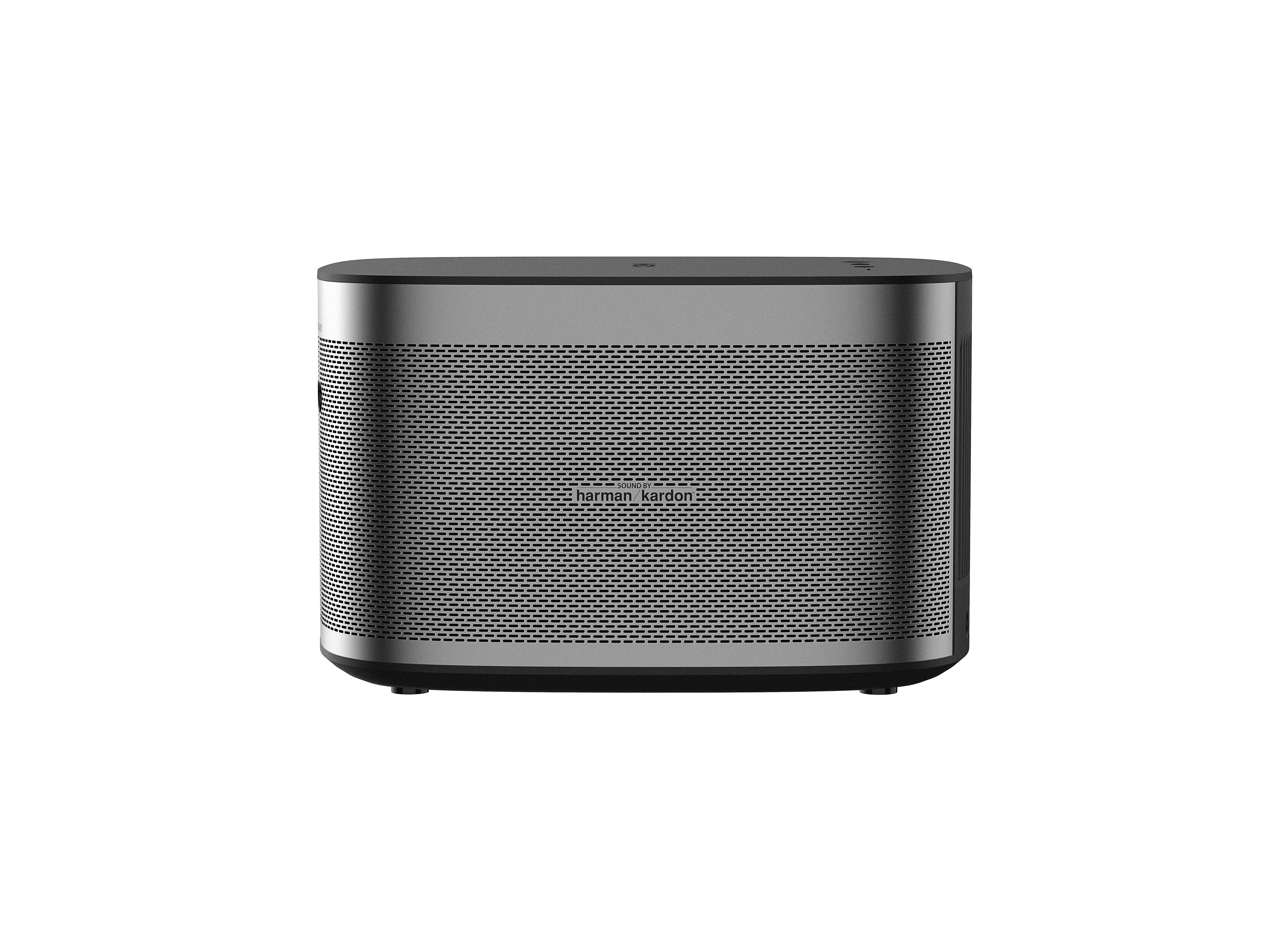 Siyah üst ve alt kısma sahip gümüş bir hoparlör. 'harman kardon' markası görünür.