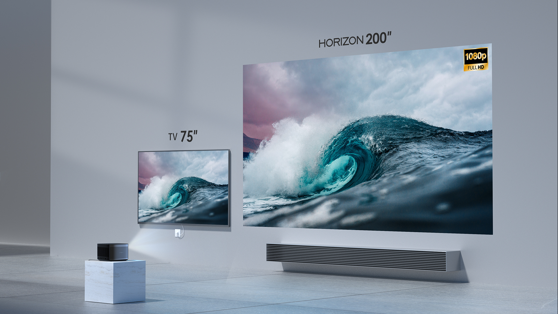 Bir projektör duvarda bir dalga görüntüsü gösteriyor. Yanında 75" bir TV var. Metin: Horizon 200" ve 1080p.