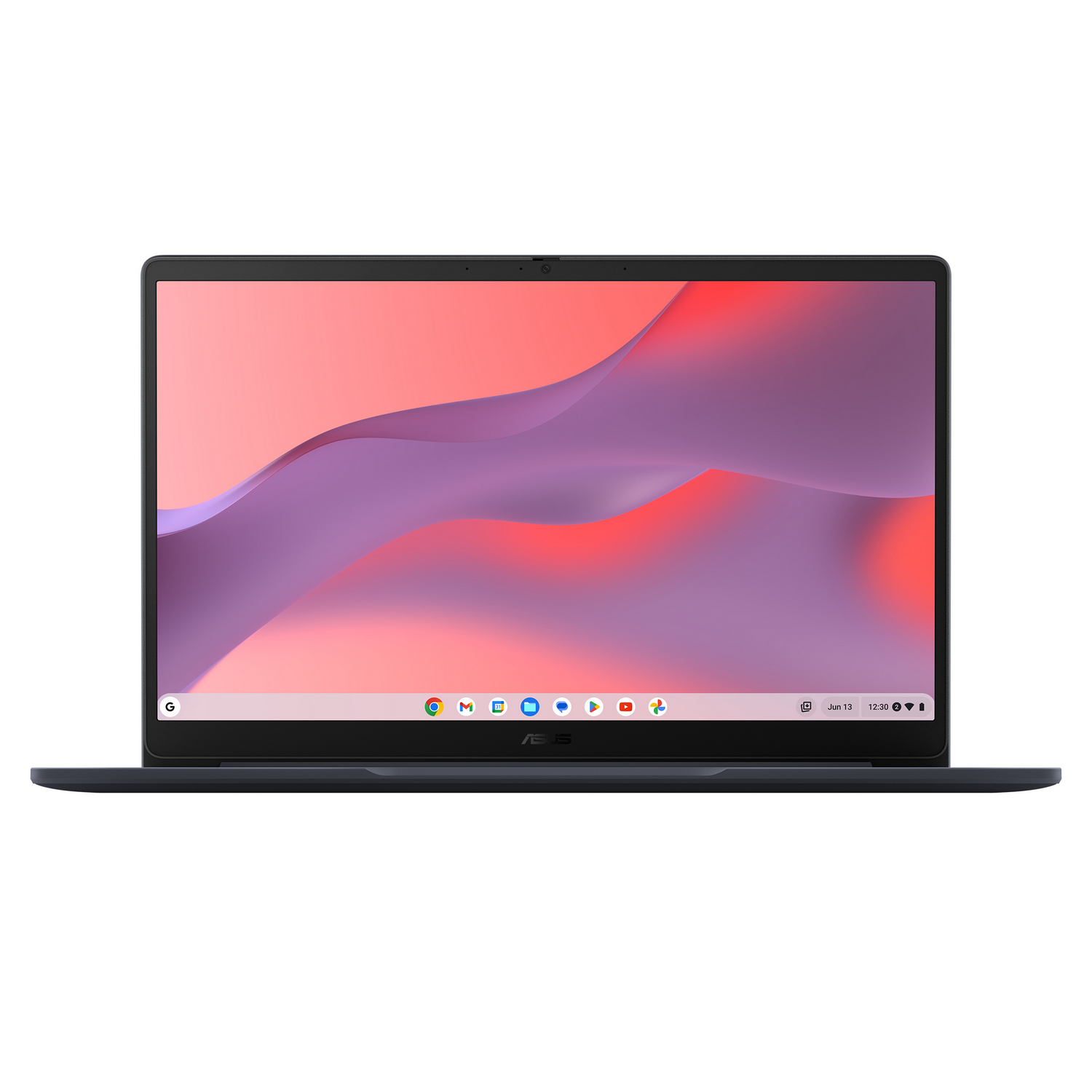 Portátil Asus sobre fondo negro. Muestra iconos y un fondo rojo en la pantalla.
