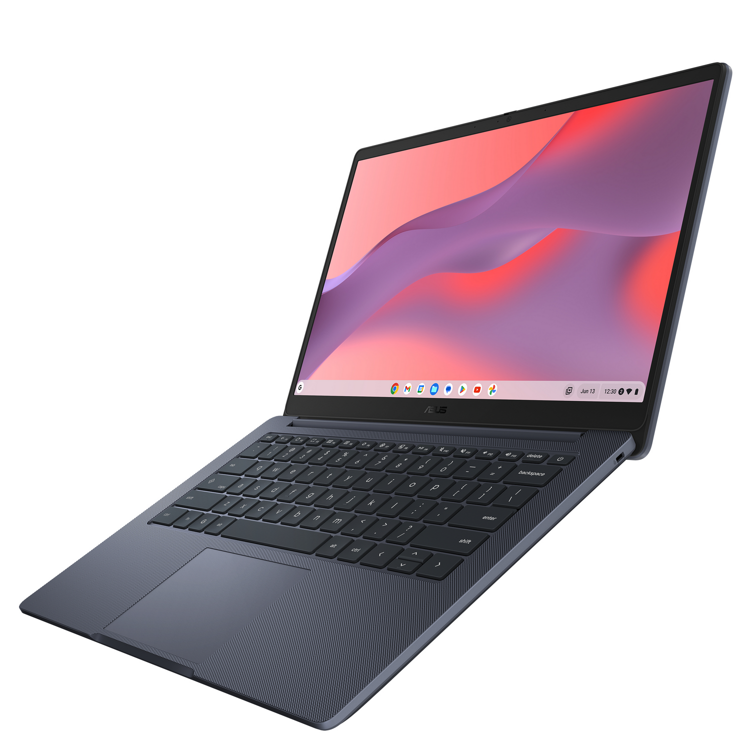 Vista en ángulo de una laptop gris con pantalla abierta. La pantalla muestra un escritorio colorido. Teclado y panel táctil visibles.