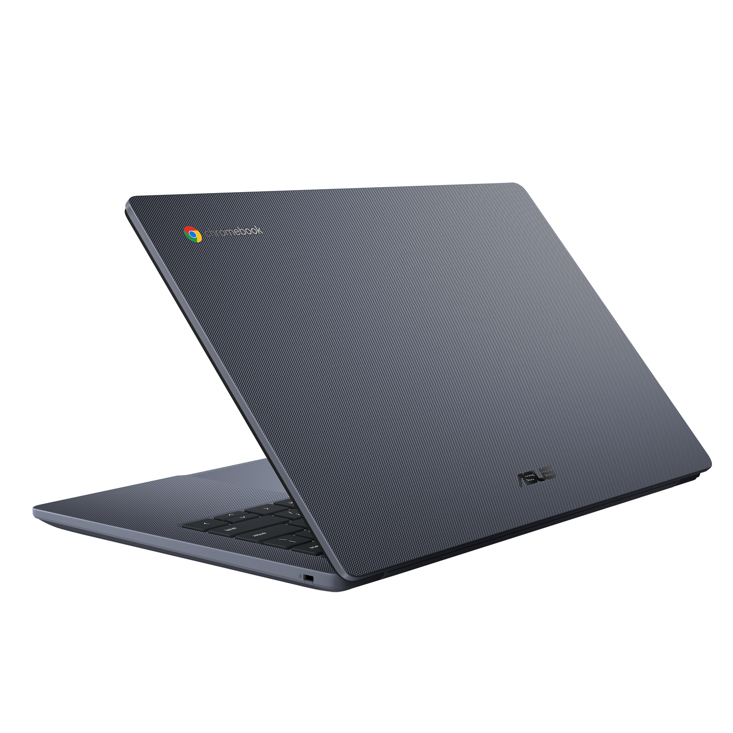 Vista trasera en ángulo de una laptop gris. La pantalla está cerrada. El logotipo de Chromebook y Asus son visibles.
