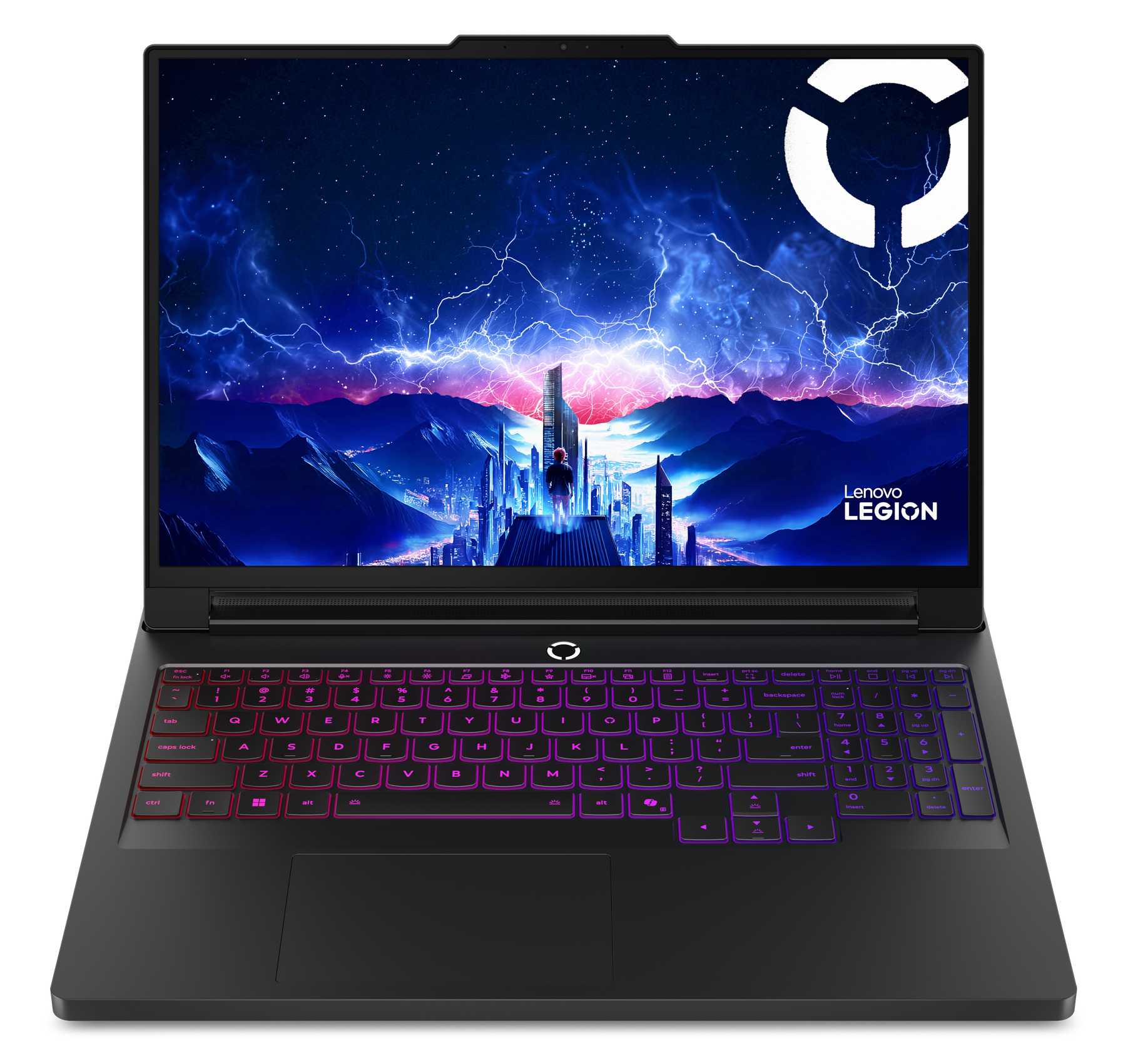 Czarny laptop z logo Lenovo Legion, otwarty. Wyświetla miasto z burzą i kolorową klawiaturą.
